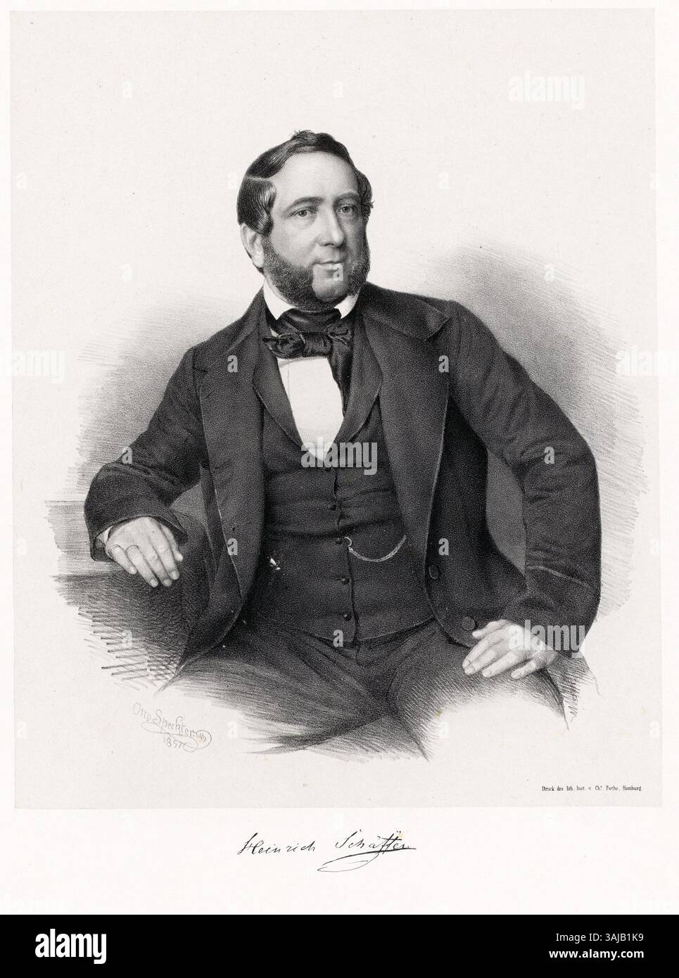 Lithographisches Porträt von Heinrich Schäffer, erstellt von Otto Speckter 1857. Das Kunstwerk stellt Schäffer in formaler Kleidung dar, ein gebräuchlicher Stil für intellektuelle Porträts des 19. Jahrhunderts. Stockfoto