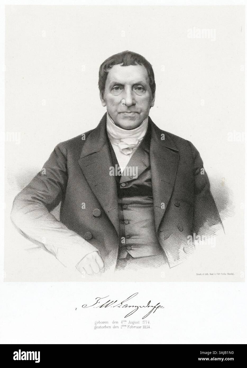 Kupferstich von F.W. Langsdorff. Das Porträt zeigt Langsdorff in einem formalen, detaillierten Stil, der typisch für europäische Stiche aus dem 18. Jahrhundert ist und in der Staats- und Universitätsbibliothek Hamburg aufbewahrt wird. Stockfoto