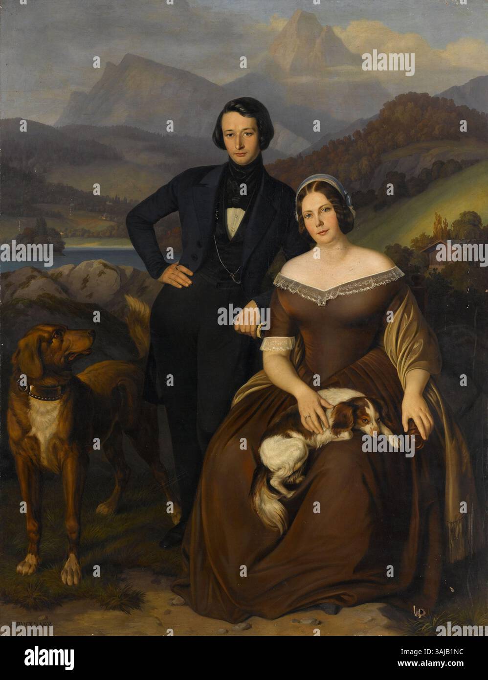 Dieses Gemälde von Alexander Bruckmann aus dem Jahr 1844 stellt den Philosophen Friedrich Rohmer und seine Frau in einer detaillierten und würdevollen Weise dar. Das Öl auf Leinwand reflektiert die Porträtmalerei des 19. Jahrhunderts und erfasst die intellektuelle Natur des Paares. Stockfoto