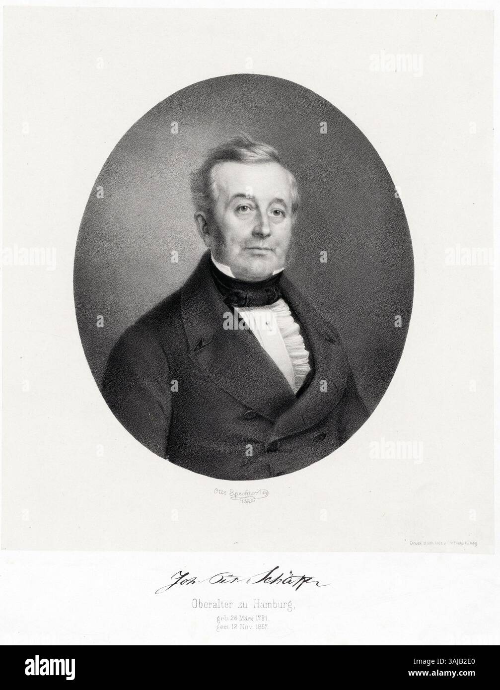 Lithographisches Porträt von Johann Peter Schaffer von 1858, geschaffen von Otto Speckter. Dieses Stück ist Teil der Hamburger Staats- und Universitätsbibliothek Carl von Ossietzky. Stockfoto