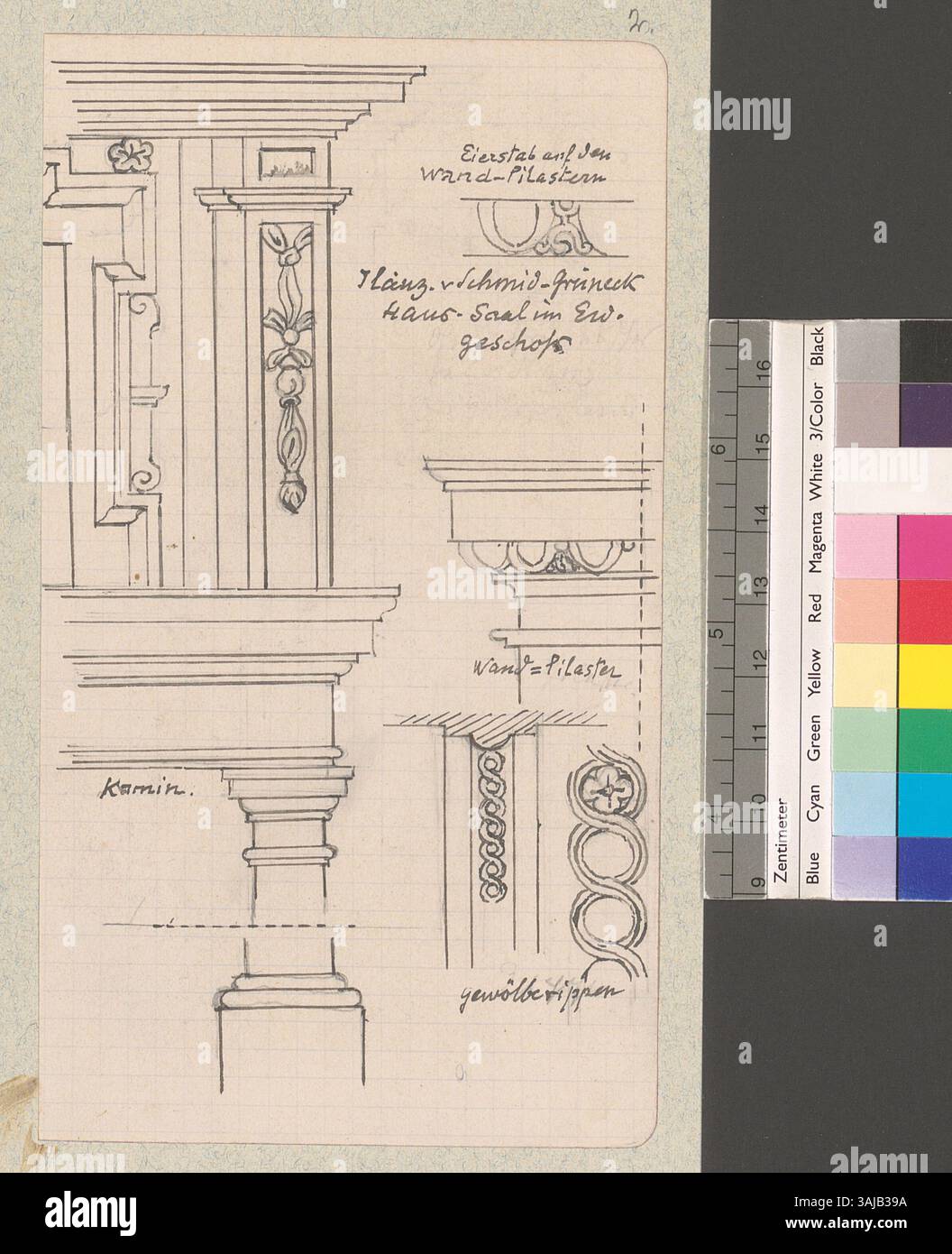 Diese Zeichnung von Johann Rudolf Rahn aus dem Jahr 1906 zeigt die Wandverkleidung und Dekoration im Erdgeschoss des Schmid-Grüneck-Hauses in Ilanz, Schweiz. Stockfoto