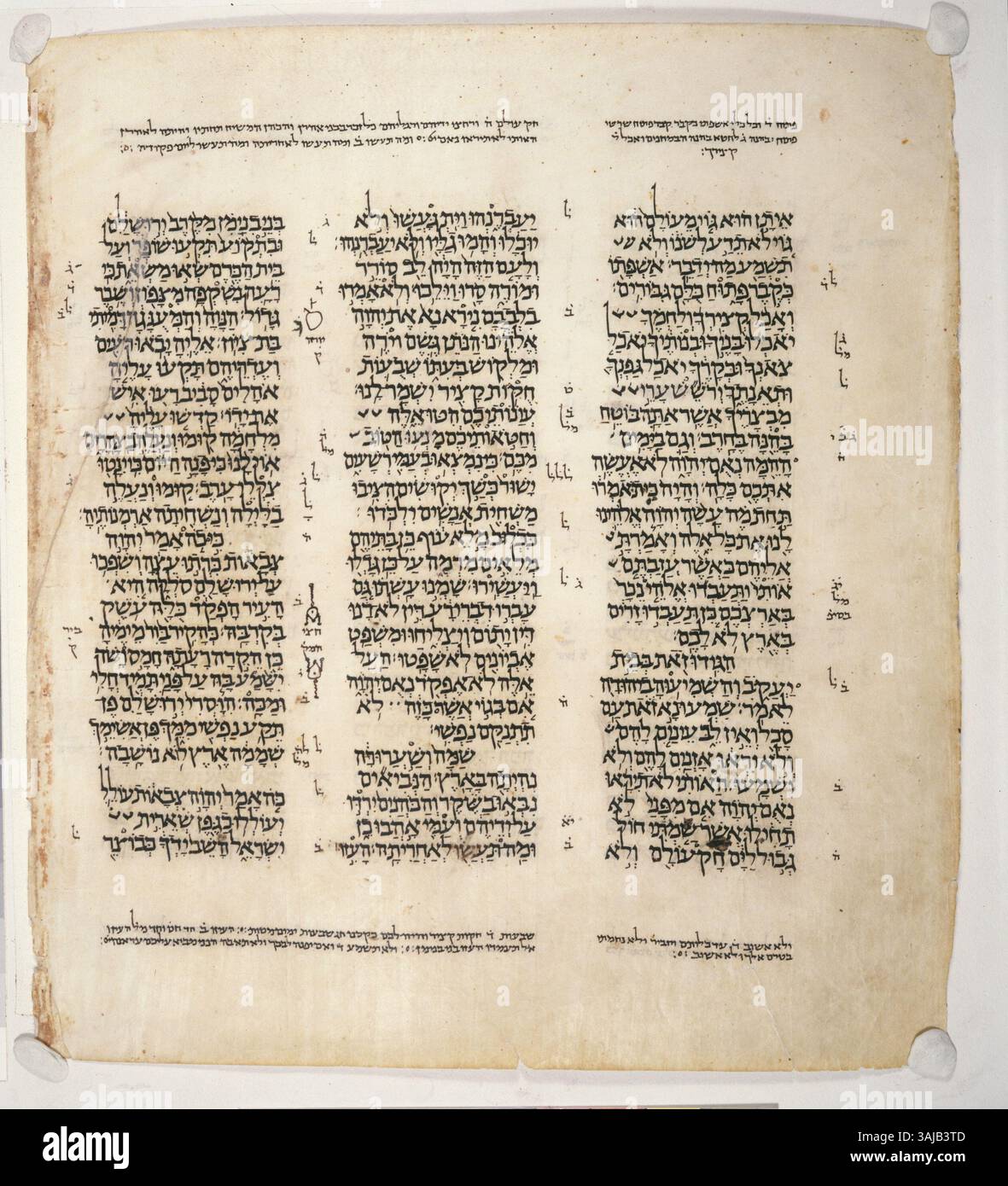 Die 493. Seite des Leningrader Kodex, Folio 248b, enthält Text aus dem Tanach, von Jeremia 5:15 bis 6:9. Stockfoto