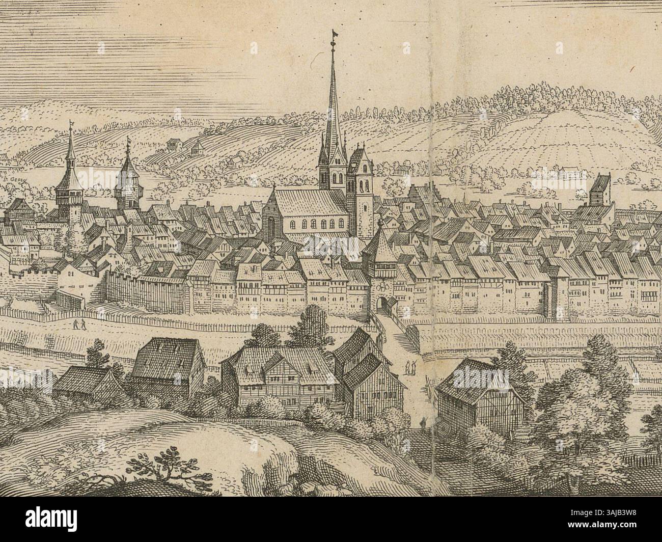 Eine Radierung von Matthäus Merian aus dem Jahr 1642, die einen detaillierten Blick auf Winterthur in der Schweiz zeigt. Stockfoto
