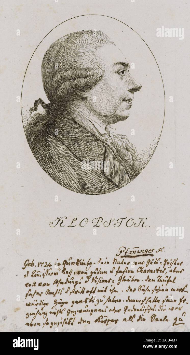 Das Porträt von Friedrich Gottlieb Klopstock von Heinrich Pfenninger, ein Kupferstich, ist in der Hamburger Staats- und Universitätsbibliothek Carl von Ossietzky untergebracht und zeigt den deutschen Dichter. Stockfoto
