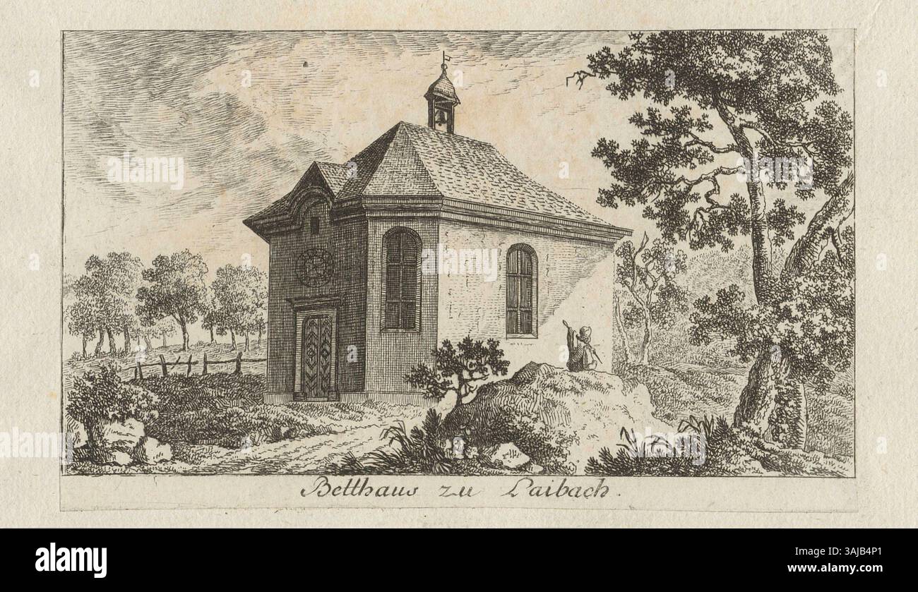 Diese Gravur aus dem 18. Jahrhundert von Johann Jakob Meyer und Heinrich Pfenninger zeigt das Betthaus in Leimbach und bietet einen Blick auf die Architektur und die Umgebung. Das Werk reflektiert die Schweizer Religionskunst und Architekturgeschichte des späten 18. Jahrhunderts. Stockfoto