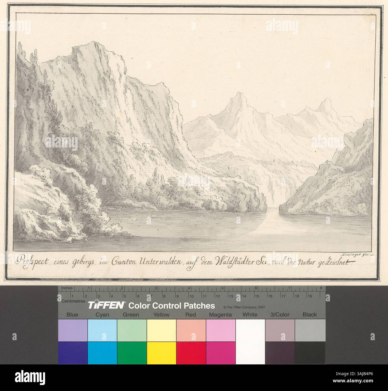 Diese Zeichnung zeigt den Blick auf den von Bergen umgebenen Vierwaldstättersee im Kanton Nidwalden. Es wurde mit feiner Tinte erstellt und zeigt die natürliche Landschaft der Region um 1750. Stockfoto