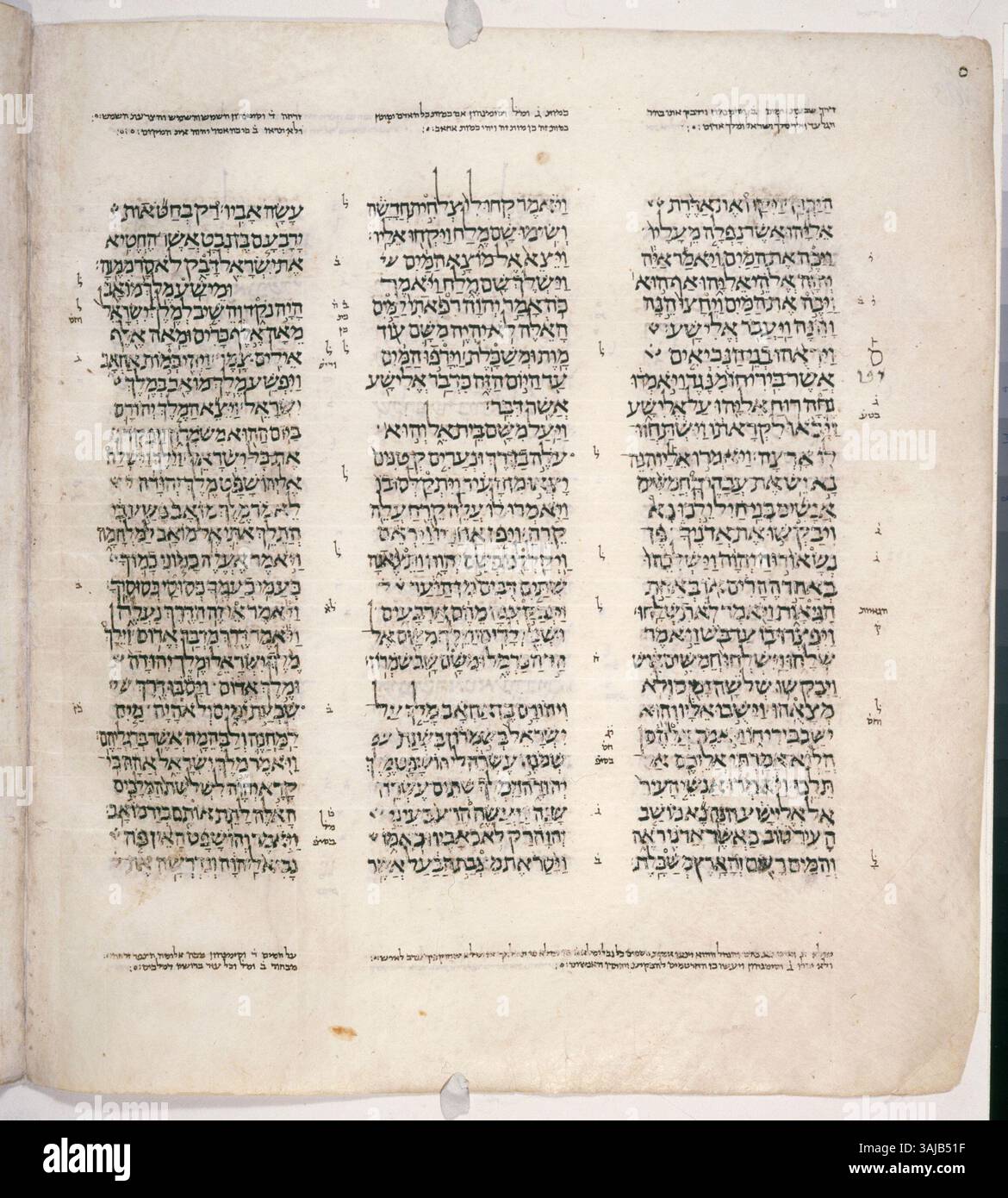 Folio 203b des Leningrader Kodex, datiert zwischen 1008 und 1011, enthält Texte aus dem Tanach, insbesondere 2 Könige 2:13 bis 3:11, einen Abschnitt der hebräischen Bibel. Stockfoto