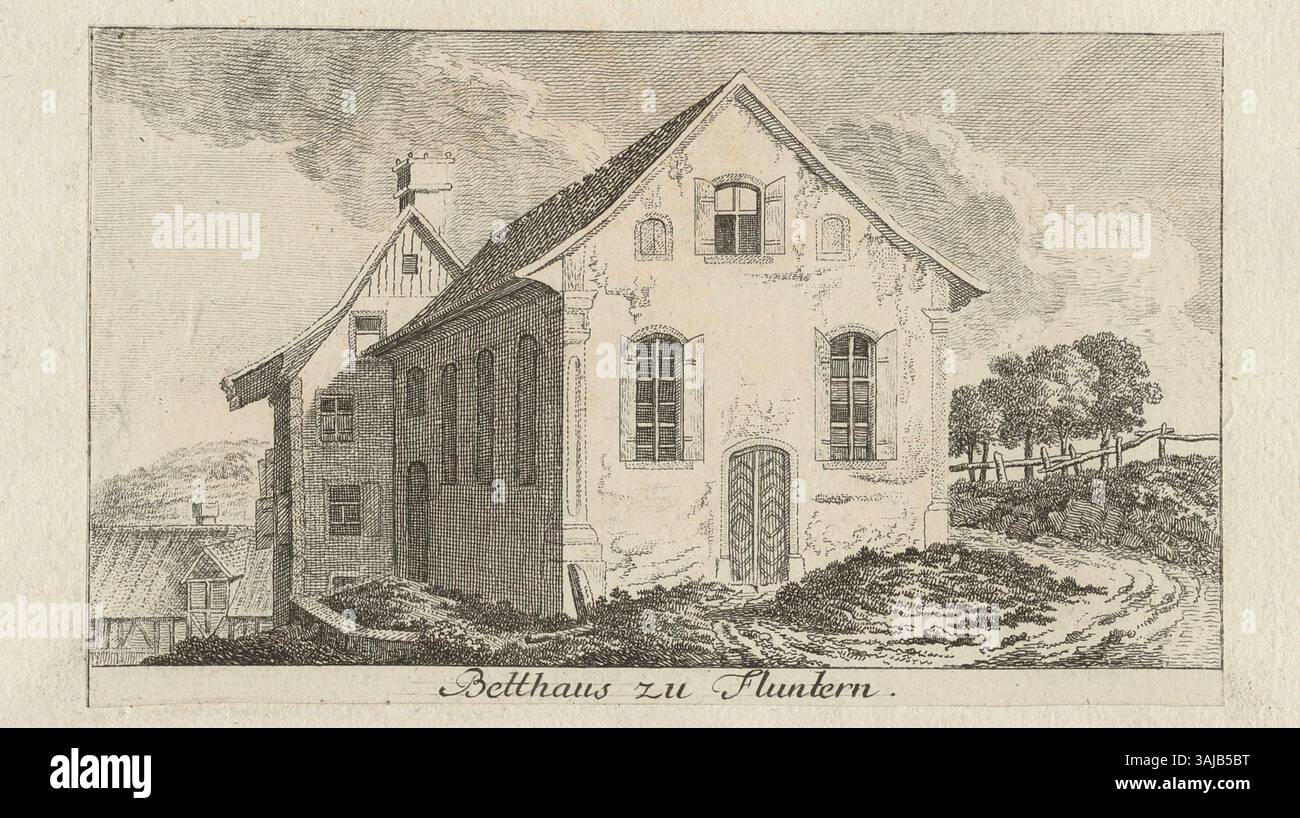 Dieser Druck von 1780 bis 1800 von Johann Jakob Meyer und Heinrich Pfenninger zeigt das Betthaus in Fluntern. Die Ätzung spiegelt die religiöse Architektur und die ländliche Umgebung des Gebäudes wider, die in Schweizer Drucken des 18. Jahrhunderts üblich ist. Stockfoto
