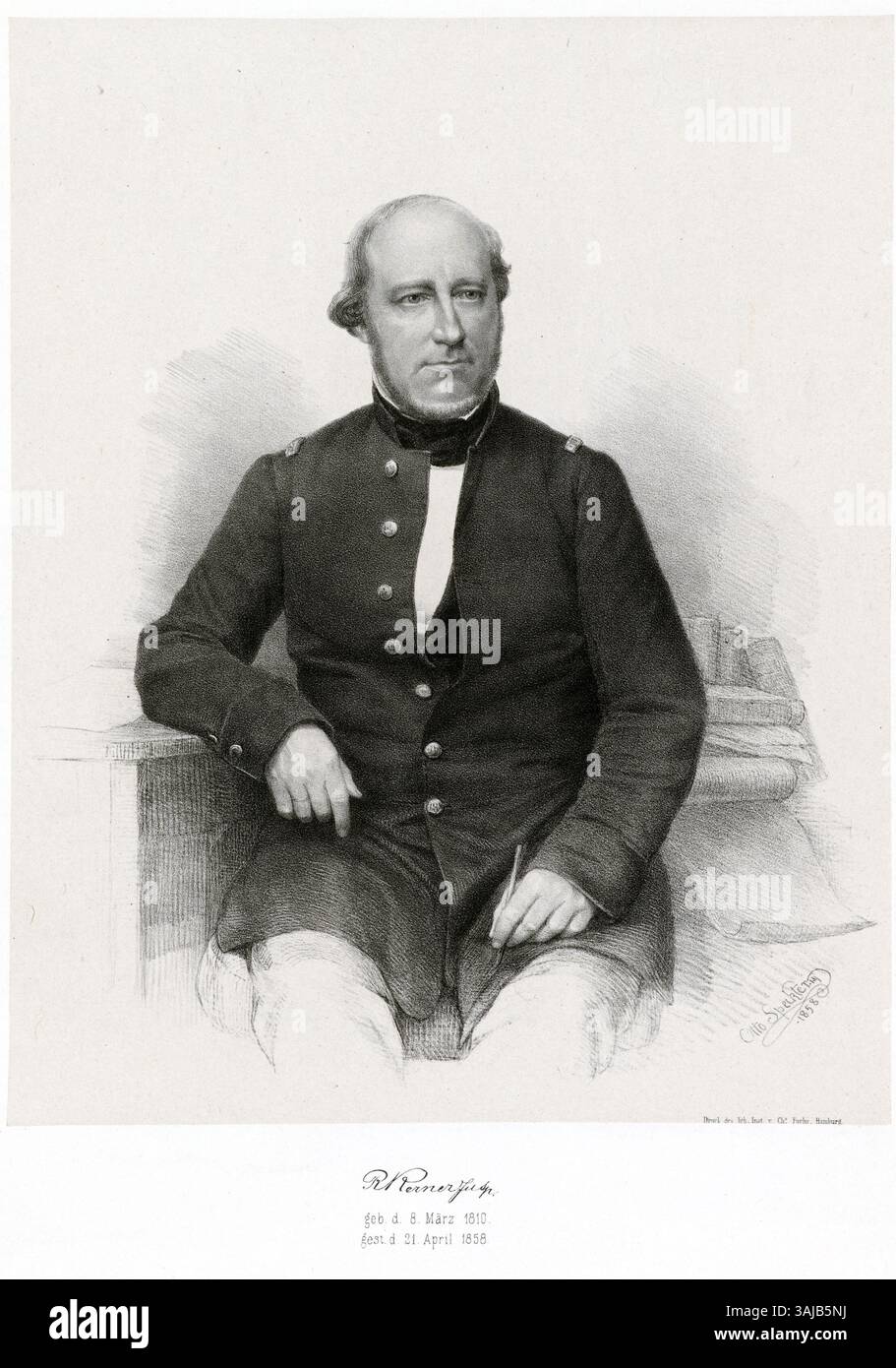 Lithographisches Porträt von Georg Reinhold Kerner, erstellt von Otto Speckter 1858. Das Kunstwerk ist Teil der Hamburger Staats- und Universitätsbibliothek Carl von Ossietzky. Stockfoto