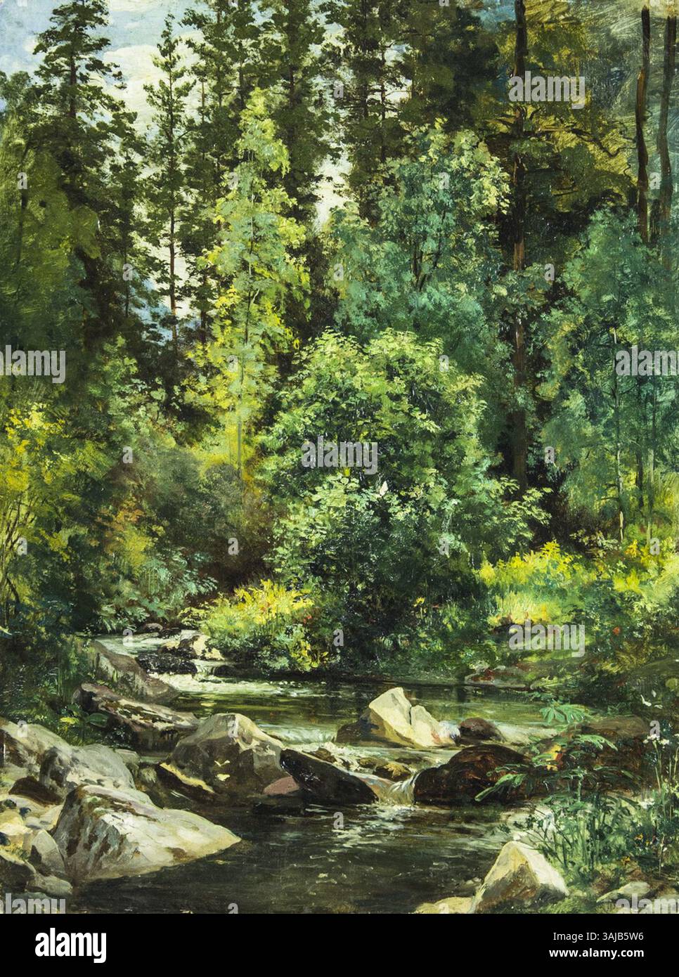 Ein Landschaftsgemälde von Ivan Shishkin mit dem Titel „Forest River“, das eine ruhige russische Flussszene darstellt. Das Kunstwerk wurde in der zweiten Hälfte des 19. Jahrhunderts gemalt und befindet sich im Staatlichen Kunstmuseum der Region Altai. Stockfoto