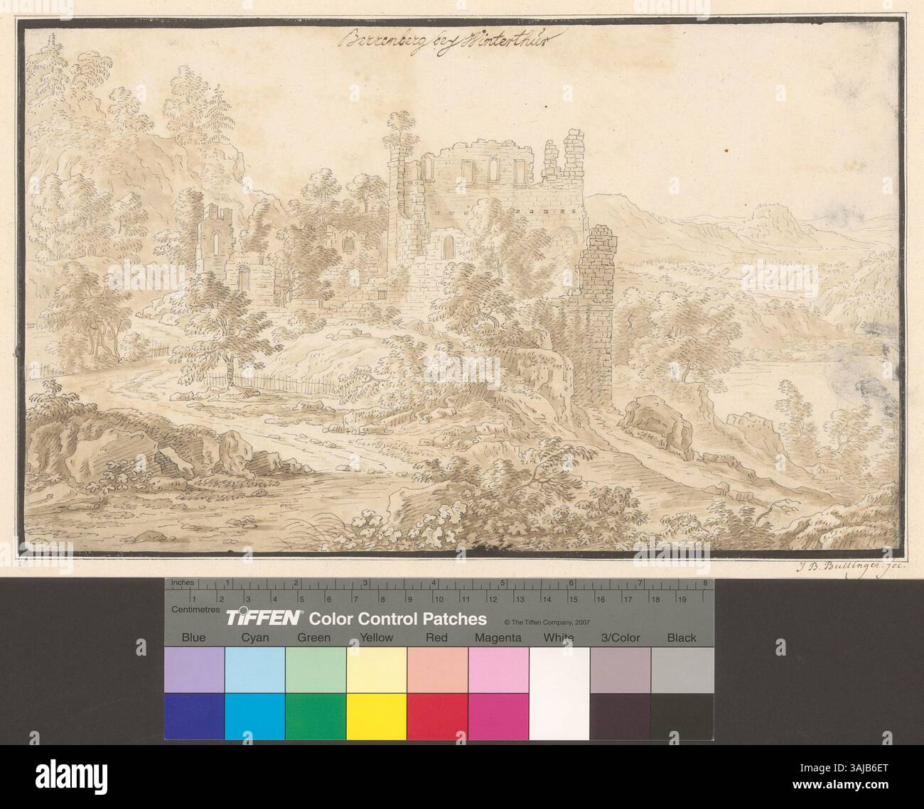 Eine Zeichnung von Berrenberg bei Winterthur, datiert um 1778, erstellt mit grauer Tinte und brauner Waschung. Signiert vom Künstler Johann Balthasar Bullinger in brauner Tinte. Die Zeichnung weist einen schwarzen Tintenrahmen auf. Stockfoto