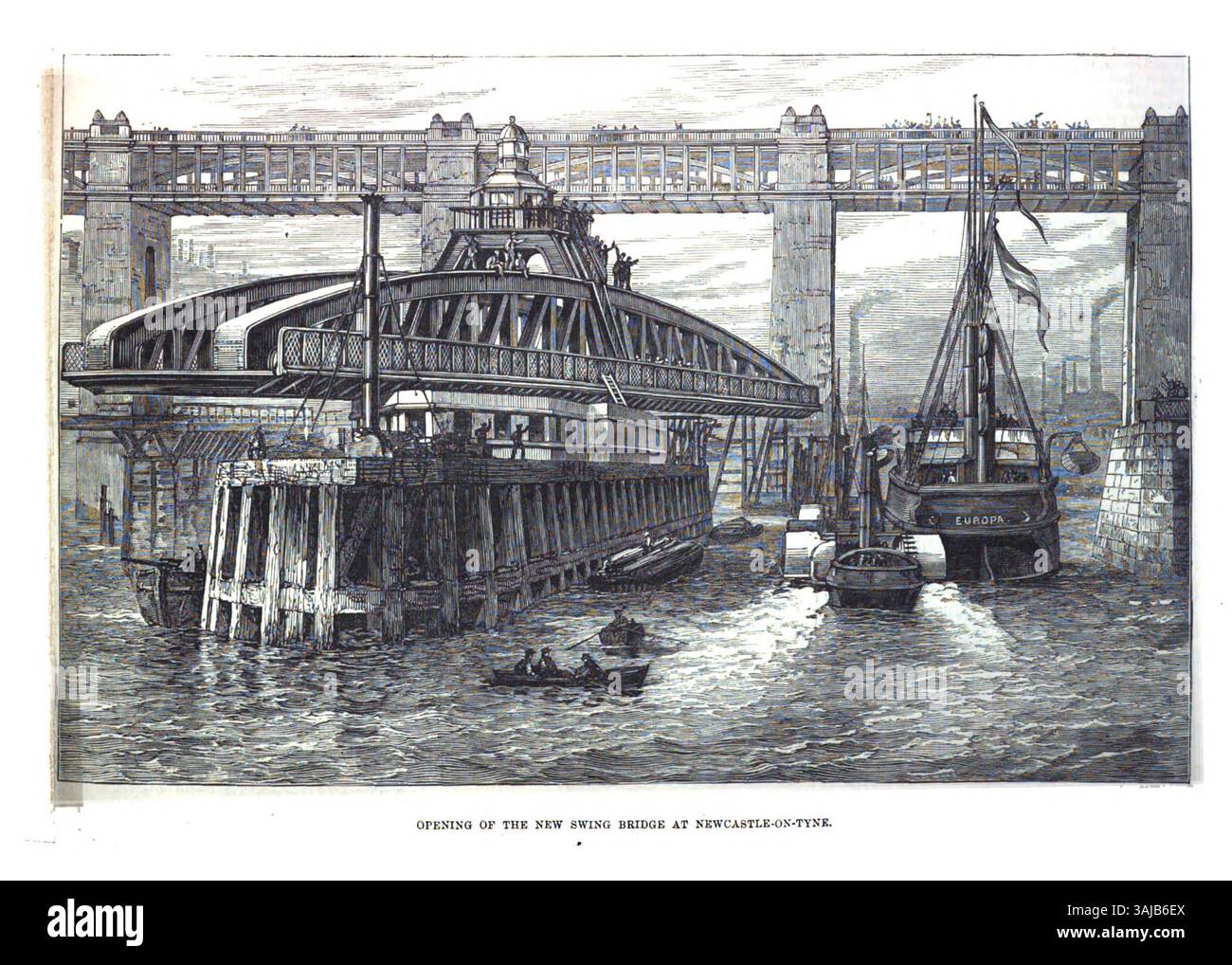 Eine Illustration, die die Eröffnung der neuen Hängebrücke in Newcastle-on-Tyne am 17. Juli 1876 zeigt. Das Ereignis war geprägt von der Durchfahrt des italienischen Dampfers Europa, der die erste 100-Tonnen-Kanone von Elswick abholen sollte. Stockfoto