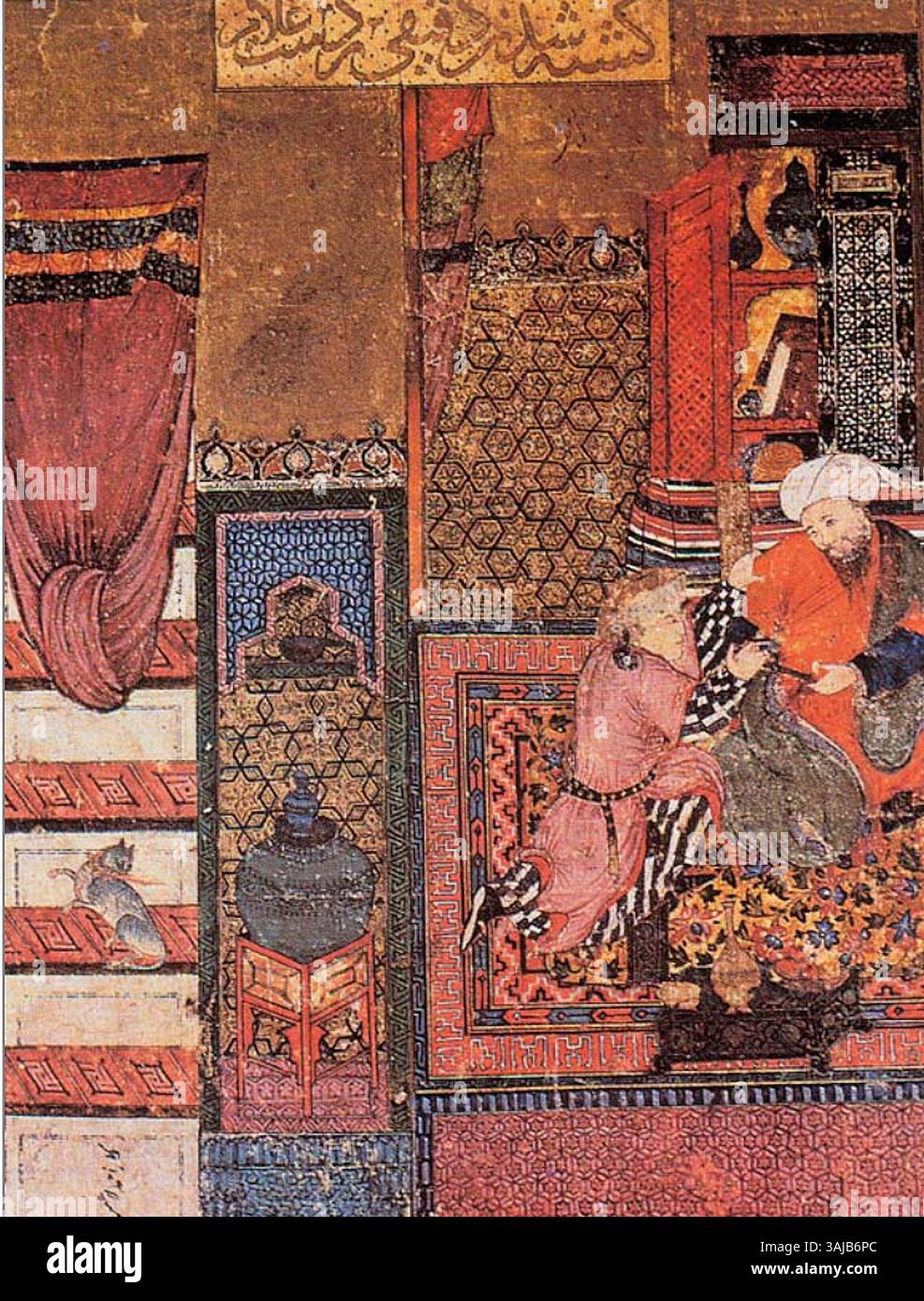 Diese Illustration aus dem „Shah-nameh für Sultan Uveys Jalair“ zeigt die tragische Ermordung des Dichters Daqiqi durch seinen Sklaven. Das Kunstwerk wurde in Tabriz um 1360–70 gemalt und spiegelt die dramatischen und gewalttätigen Momente der persischen Epos wider. Stockfoto