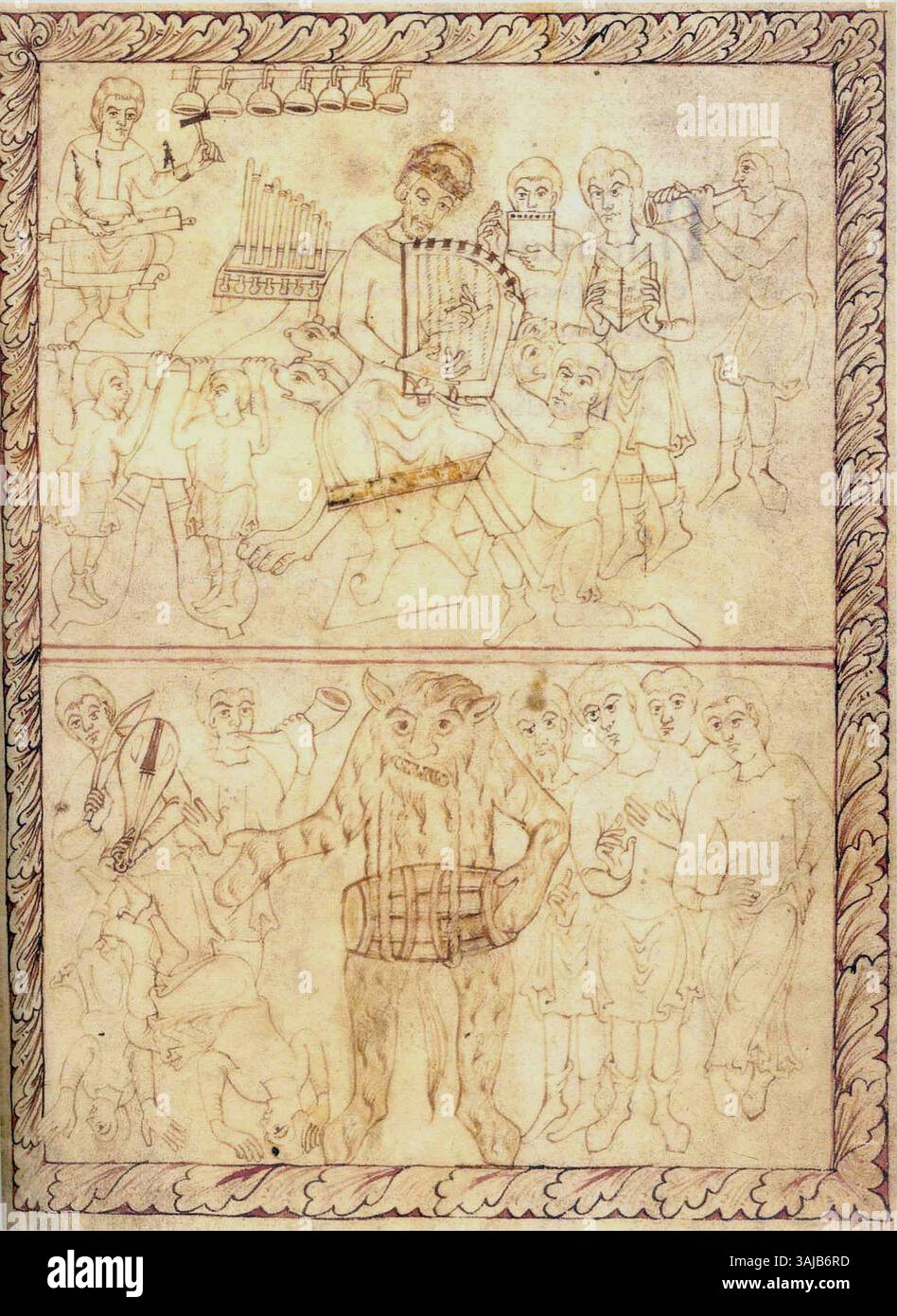 Dieses modifizierte Bild aus dem „Psalterium Triplex“ zeigt König David mit Musikern oben, die spirituelle Musik darstellen, im Kontrast zu einer dämonischen Figur unten, die in einer weltlichen Umgebung die Trommel spielt. Die Handschrift aus dem frühen 12. Jahrhundert spiegelt die musikalische Kluft im mittelalterlichen Denken wider. Stockfoto