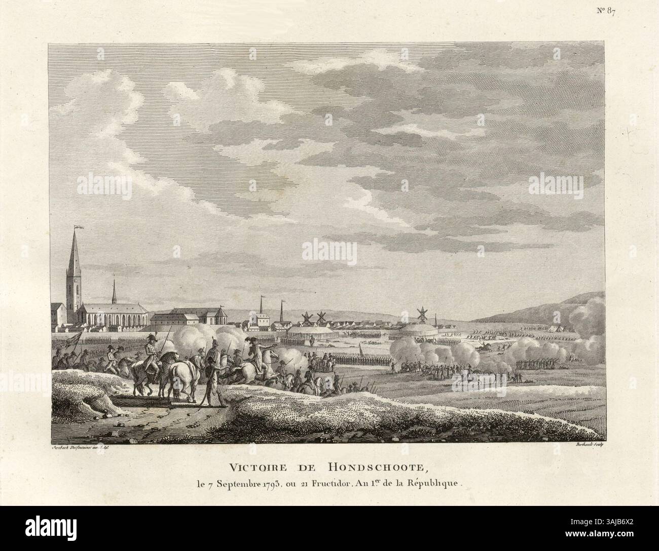Der Sieg von Hondschoote, der den französischen Militärsieg am 7. September 1793 während der Französischen Unabhängigkeitskriege darstellt. Dieser Stich von Pierre Gabriel Berthault unterstreicht die bedeutende Schlacht, die für die Französische Revolution entscheidend war. Stockfoto