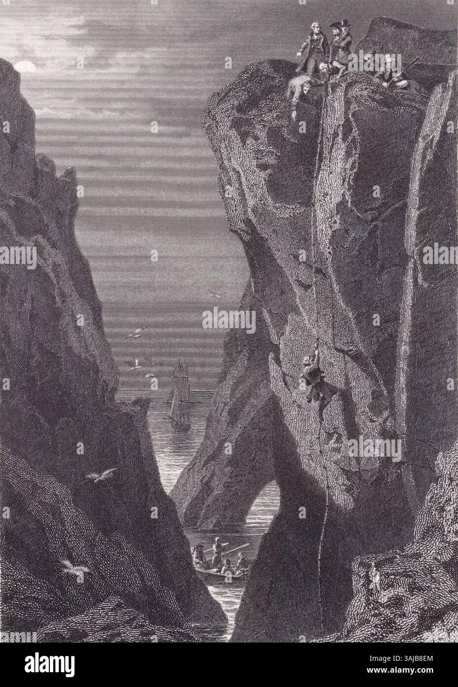 Karl Girardets Gemälde Débarquement de Georges Cadoudal à Biville aus dem Jahr 1851 zeigt die Ankunft des französischen Generals Georges Cadoudal in Biville. Die Szene fängt einen entscheidenden Moment in der französischen revolutionären Geschichte ein und zeigt den militärischen Konflikt während dieser Zeit. Stockfoto