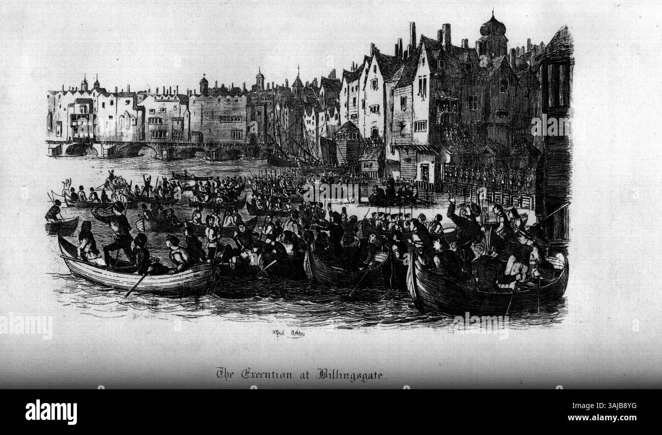 Eine Illustration mit dem Titel „The Execution at Billingsgate“ aus G. Herbert Rodwells Werk „Old London Bridge, A Romance of the sechzehnten Century“ aus dem Jahr 1860, die eine öffentliche Hinrichtung im London des 16. Jahrhunderts darstellt. Stockfoto