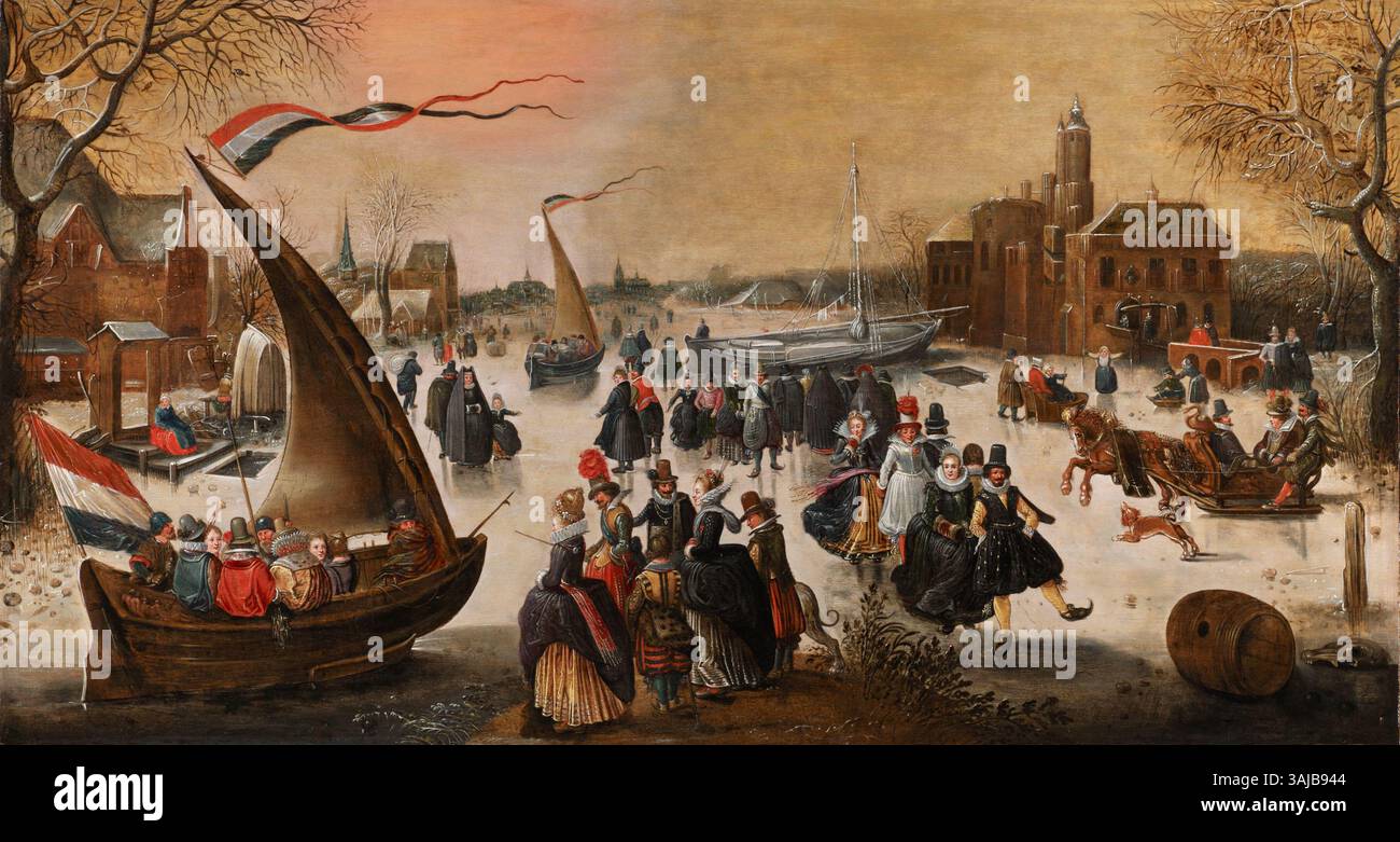 Eine Winterlandschaft von Adam van Breen aus dem Jahr 1615, die elegante Skater auf einem gefrorenen See mit Eisbrechern und einer Stadt im Hintergrund zeigt. Das Ölgemälde ist Teil einer Privatsammlung. Stockfoto