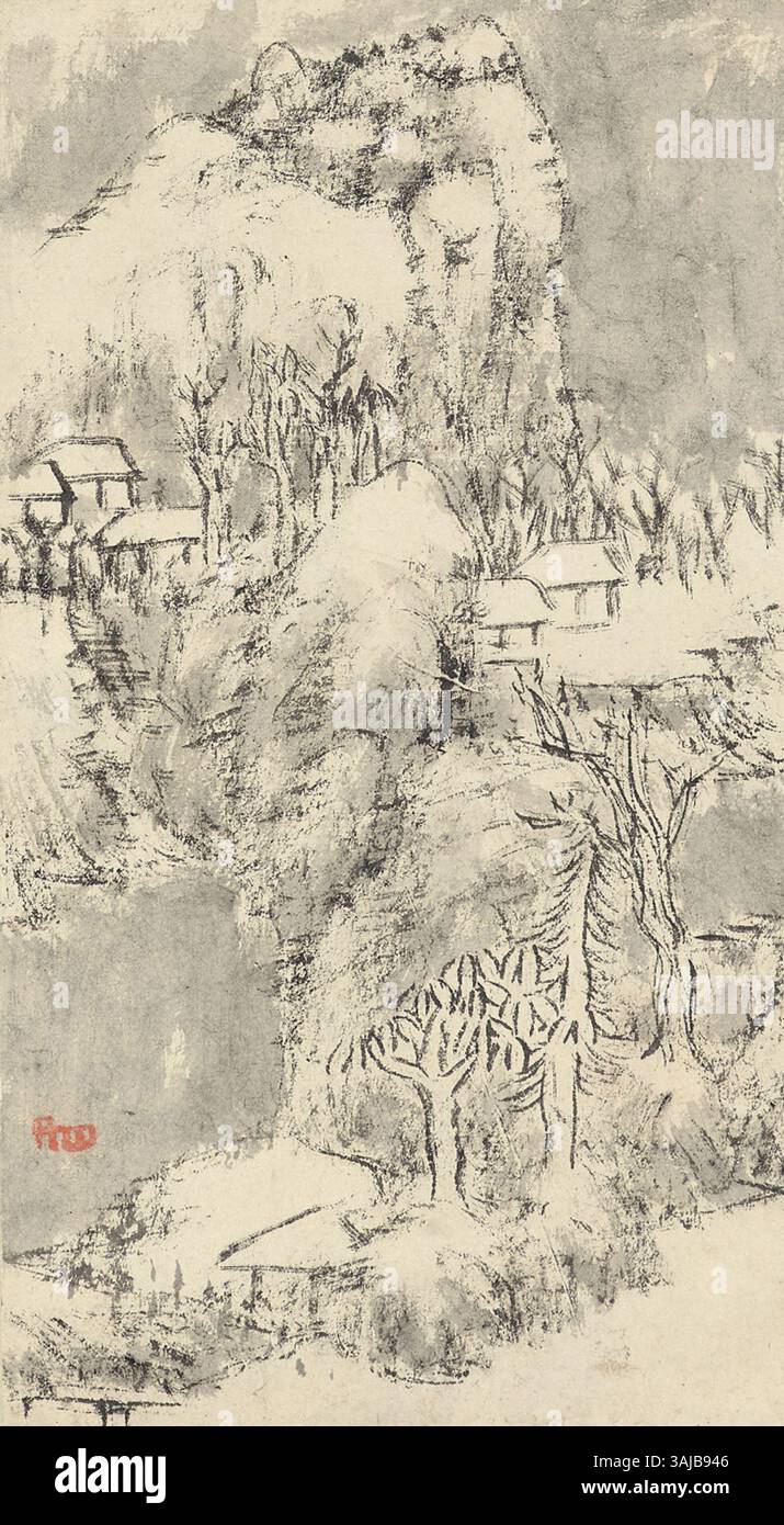 Dieses 1699 entstandene Gemälde von Bada Shanren ist ein Beispiel für seine charakteristische Herangehensweise an die Tintenmalerei. Das 24 x 13,5 cm große Werk betont die Natur und die Verbindung des Künstlers zur Einsamkeit, ein gemeinsames Thema in seiner Kunst. Stockfoto