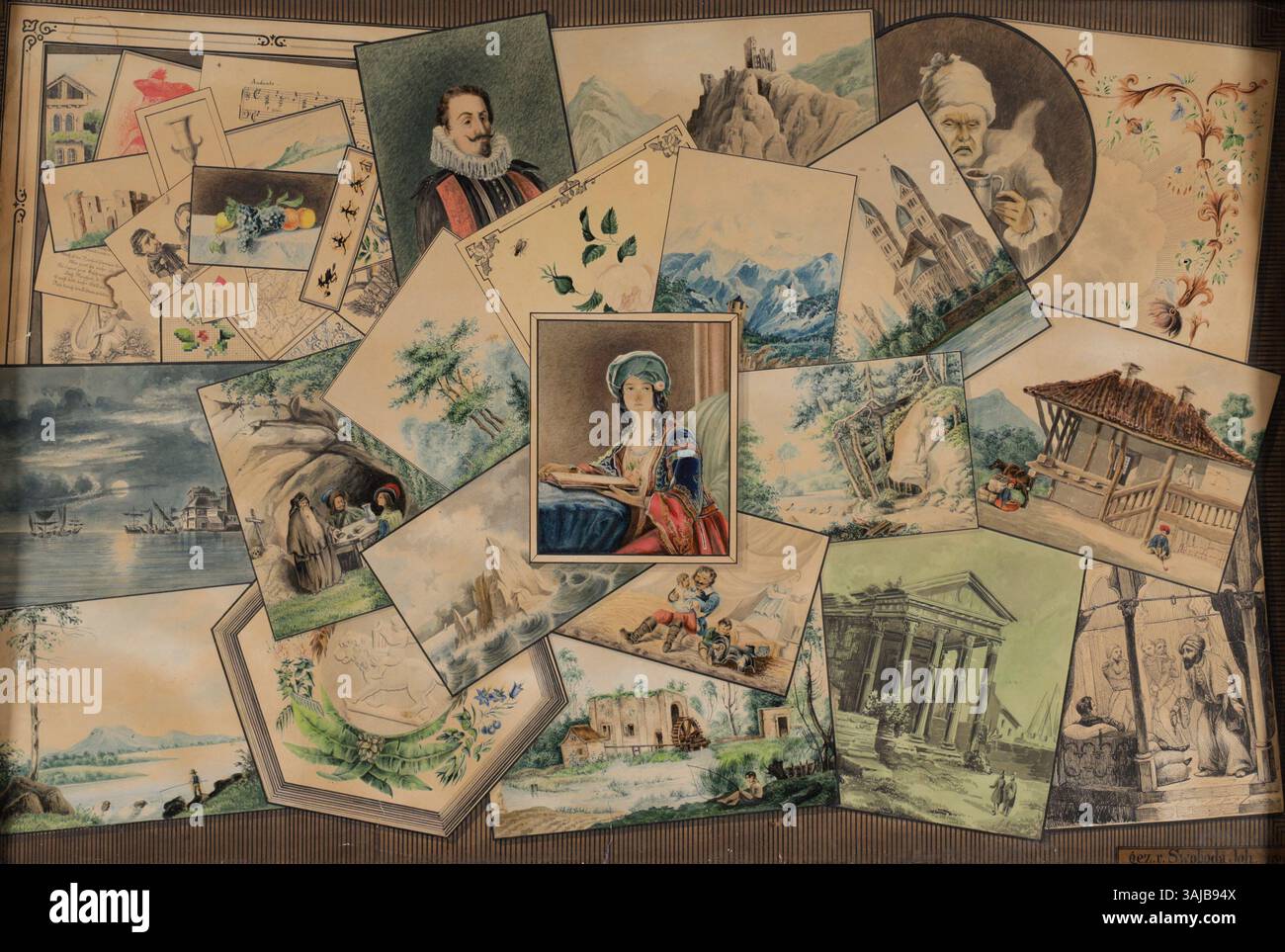 „Trompe-l'oeil“ von Johann Swoboda aus dem Jahr 1846 ist ein Mischkunstwerk aus Tinte, Aquarell, Gouache und Stift auf Papier. Dieses Stück demonstriert Swobodas Geschick in der Herstellung optischer Illusionen und ist ein gutes Beispiel deutscher künstlerischer Techniken des 19. Jahrhunderts. Stockfoto