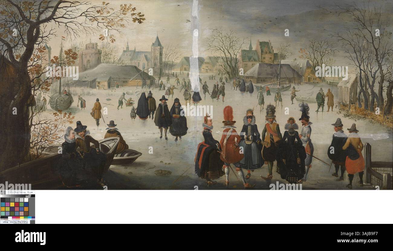Adam van Breens „Landschap met schaatsers“ aus der Zeit um 1636 zeigt eine Winterlandschaft mit Eisläufern auf Eis. Dieses Öl-auf-Tafelbild, das im Königlichen Museum der Schönen Künste Antwerpen untergebracht ist, veranschaulicht niederländische Wintergenres und naturalistische Winterdarstellungen. Stockfoto