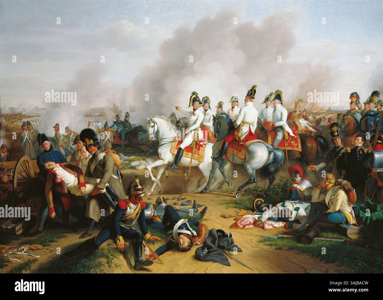 In diesem Gemälde von Johann Peter Krafft aus dem Jahr 1838 werden Erzherzog Karl und sein Stab während der Schlacht bei Aspern-Essling 1809 dargestellt. Das Ölgemälde auf Leinwand hebt die strategische militärische Aktion während der Napoleonischen Kriege hervor. Stockfoto