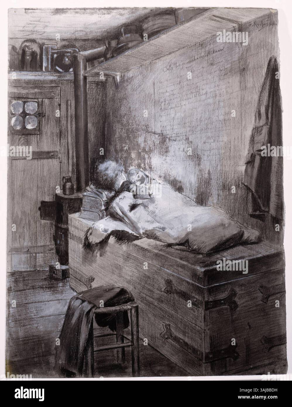 Georges-Antoine Rochegrosse’ Zeichnung aus dem Jahr 1886 mit dem Titel „Les Enfants Endormis“ zeigt einen ruhigen und intimen Moment und hebt die Unschuld und Verletzlichkeit der schlafenden Kinder aus Victor Hugos „L’Homme qui rit“ hervor. Stockfoto