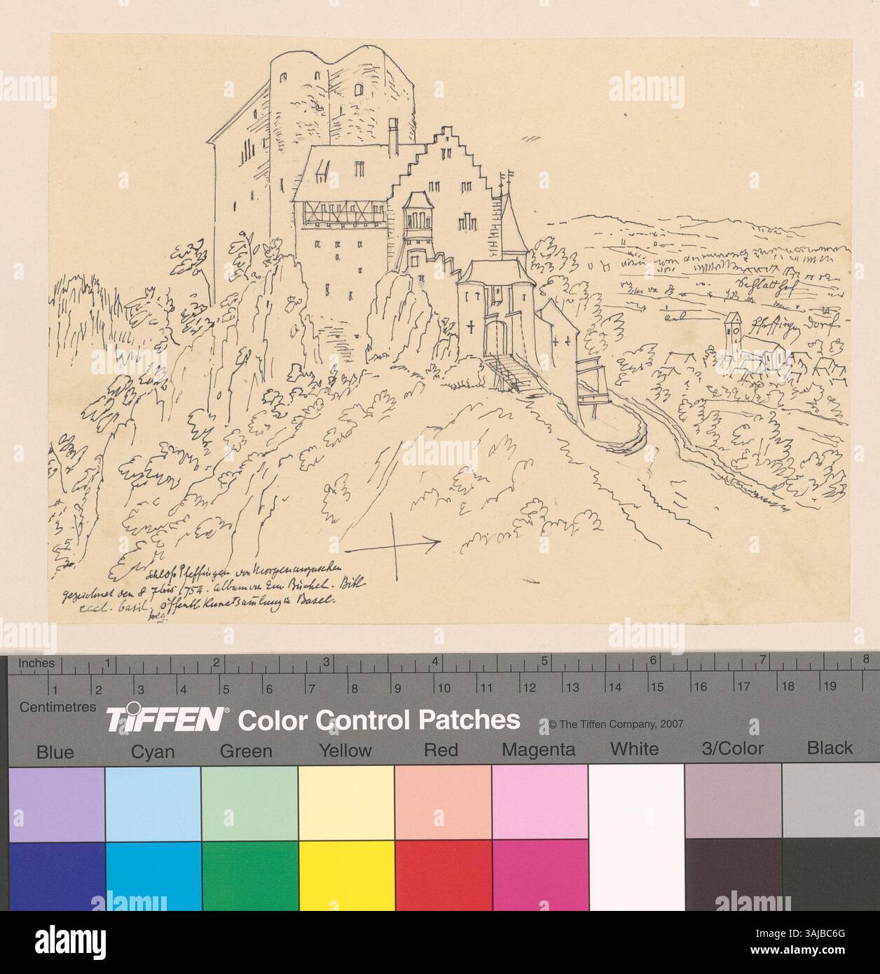 Die Zeichnung zeigt das Schloss Pfeffingen, das sich auf dem Bergrücken der Blauen in Pfeffingen, Schweiz, befindet. Es wurde von Johann Rudolf Rahn geschaffen und ist eine Kopie eines früheren Werkes des Basler Bäckers und Künstlers Emanuel Büchel. Das Bild zeigt das Äußere des Schlosses am Morgen und zeigt die historischen architektonischen Merkmale des Gebäudes zwischen 1860 und 1880. Stockfoto