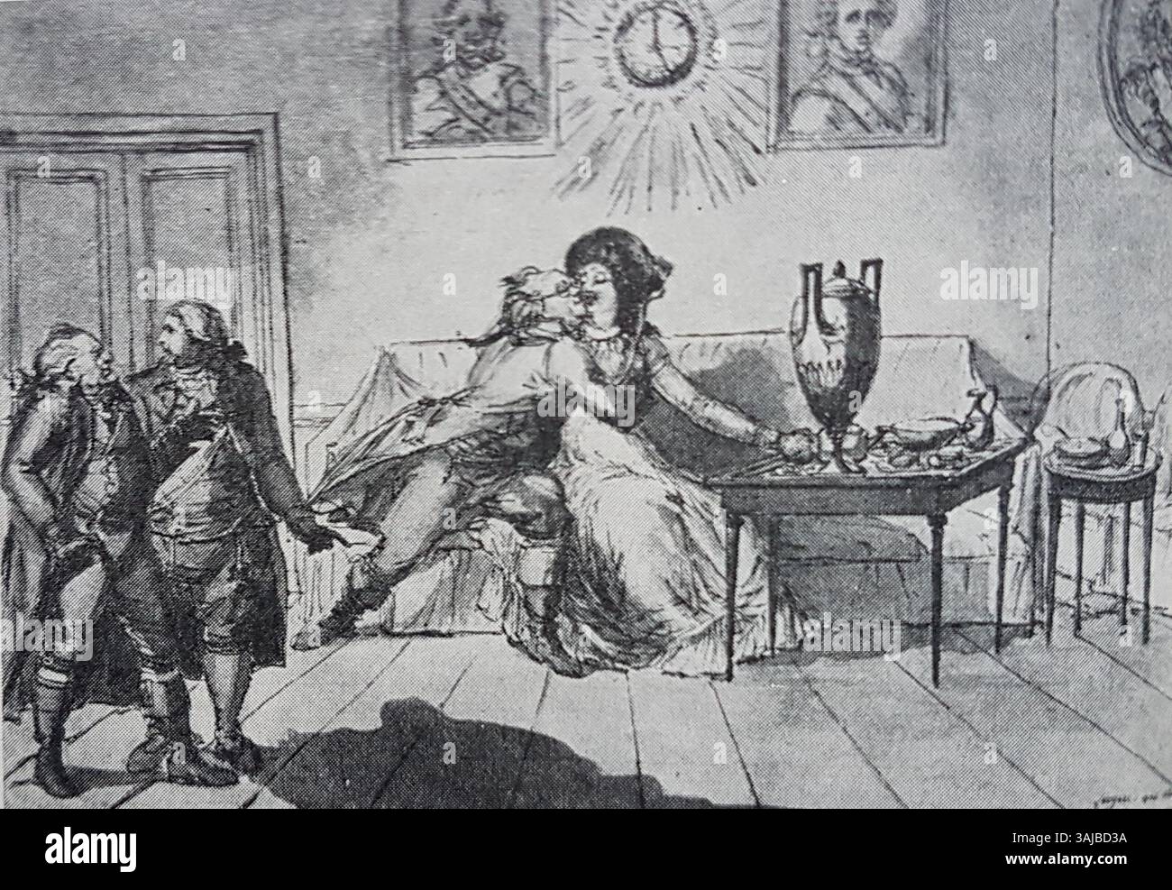 Die 1800 entstandene Aquarell- und Tuschzeichnung von Johan Tobias Sergel zeigt Carl August Ehrensvärd, der in Begleitung von JT Sergel und JJ de Geer auf sein Anwesen nach Dömestorp zurückkehrt. Es ist eine historische Darstellung von Ehrensvärds Rückkehr und hebt die Figuren in einem eindrucksvollen Stil des 18. Jahrhunderts hervor. Stockfoto