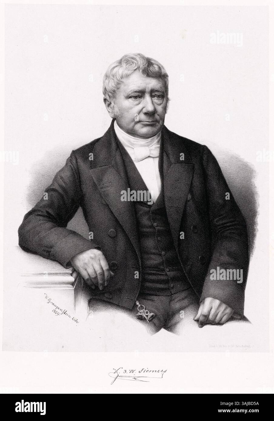 Ein Lithographisches Porträt von Georg Johann Heinrich Siemers, 1859 von Friedrich Wilhelm Graupenstein geschaffen. Das Kunstwerk ist Teil der Sammlung der Staats- und Universitätsbibliothek Hamburg Carl von Ossietzky. Stockfoto