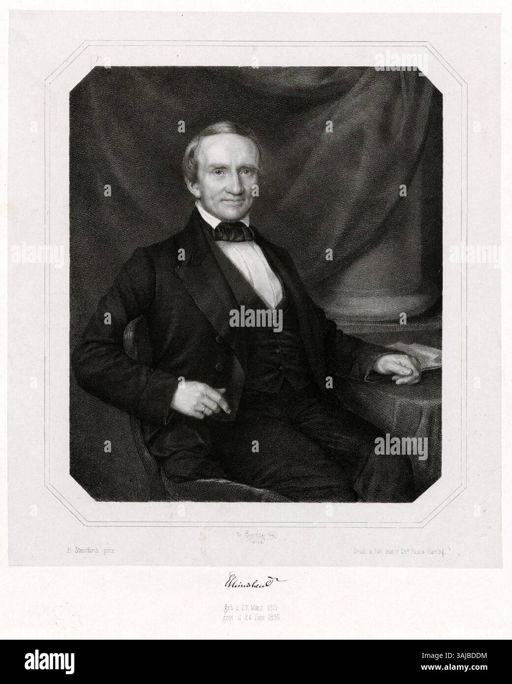 Ein Lithographisches Porträt von Eduard Heinichen, geschaffen 1850 von Otto Speckter und Hermann Steinfurth. Das Kunstwerk ist Teil der Sammlung der Staats- und Universitätsbibliothek Hamburg Carl von Ossietzky. Stockfoto