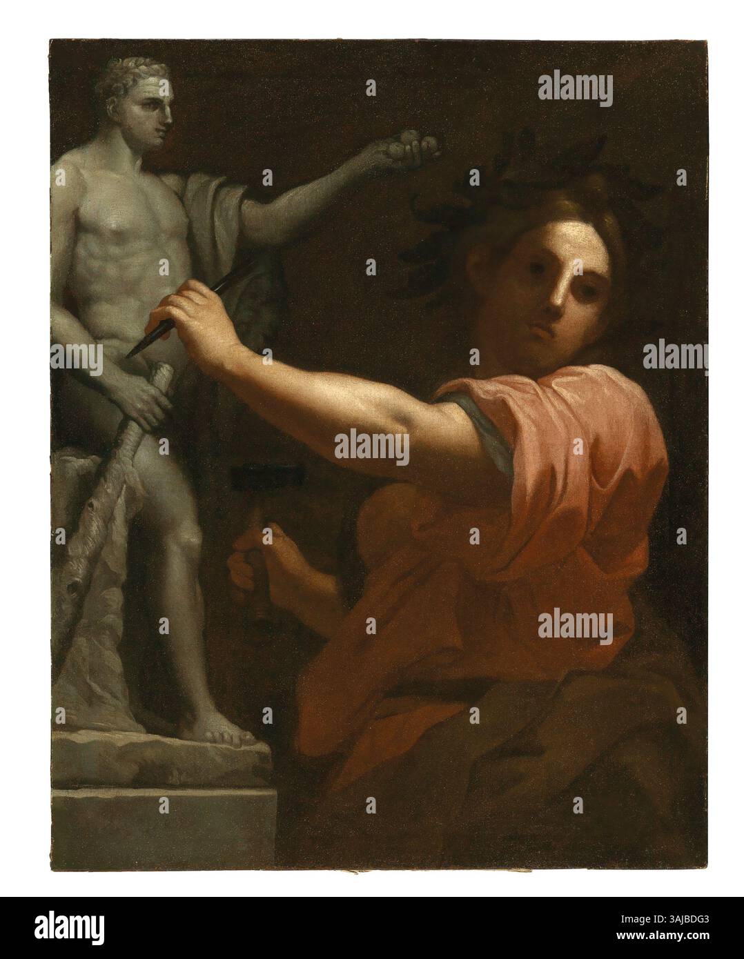 Das Ölgemälde „Allegory of Sculpture“ aus dem 17. Jahrhundert zeigt die Personifizierung der Skulptur in der römischen Kunst. Das Öl auf Leinwand, 99 x 78 cm groß, reflektiert die künstlerischen Themen der Zeit und konzentriert sich auf die visuelle Darstellung der Skulptur. Stockfoto