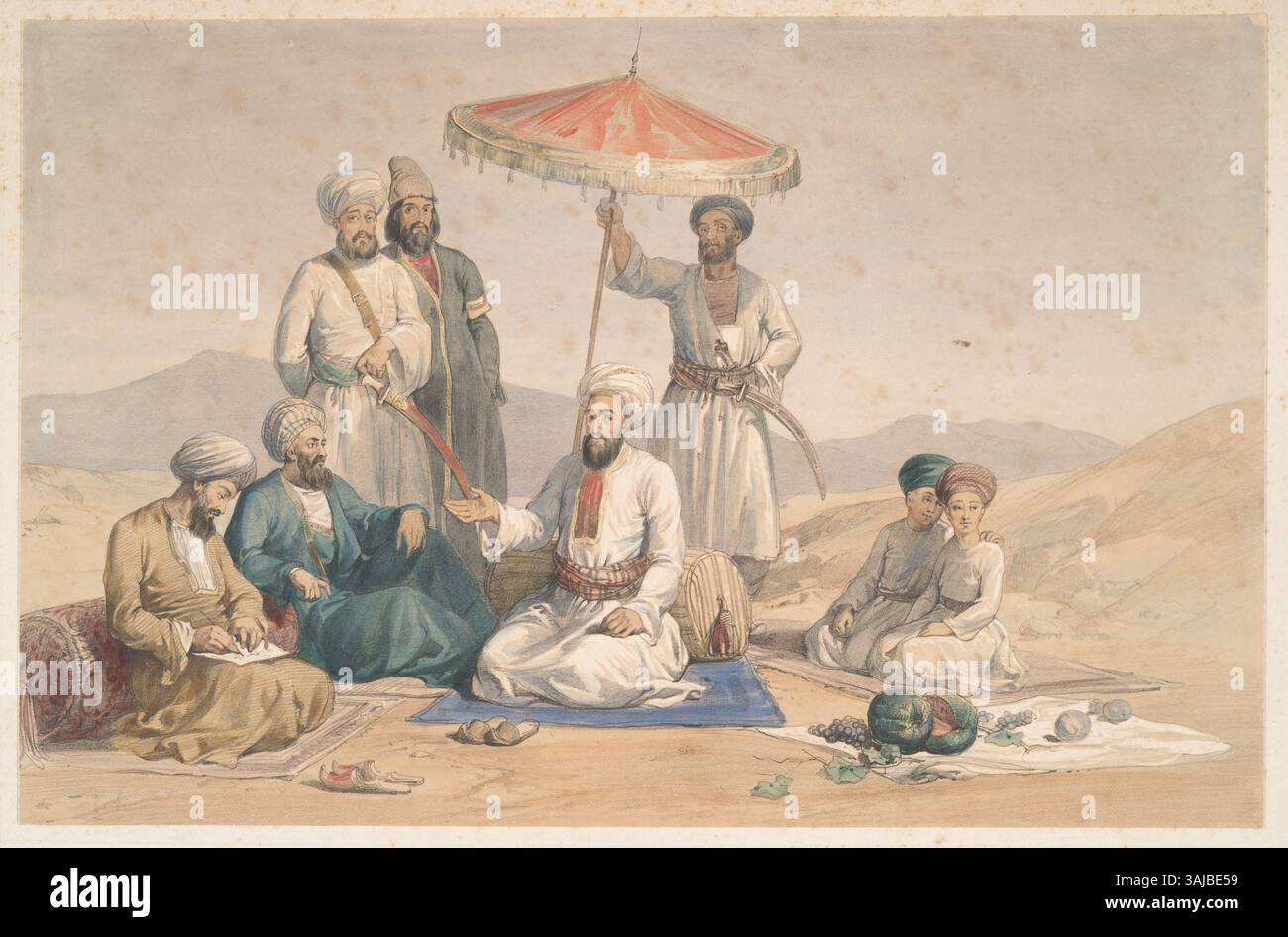 Diese Lithografie von 1843 zeigt Umeer Dost Mahomed Khan, einen einflussreichen afghanischen Herrscher. Sein Porträt veranschaulicht seine Bedeutung für die afghanische Politik und militärische Führung im 19. Jahrhundert. Stockfoto