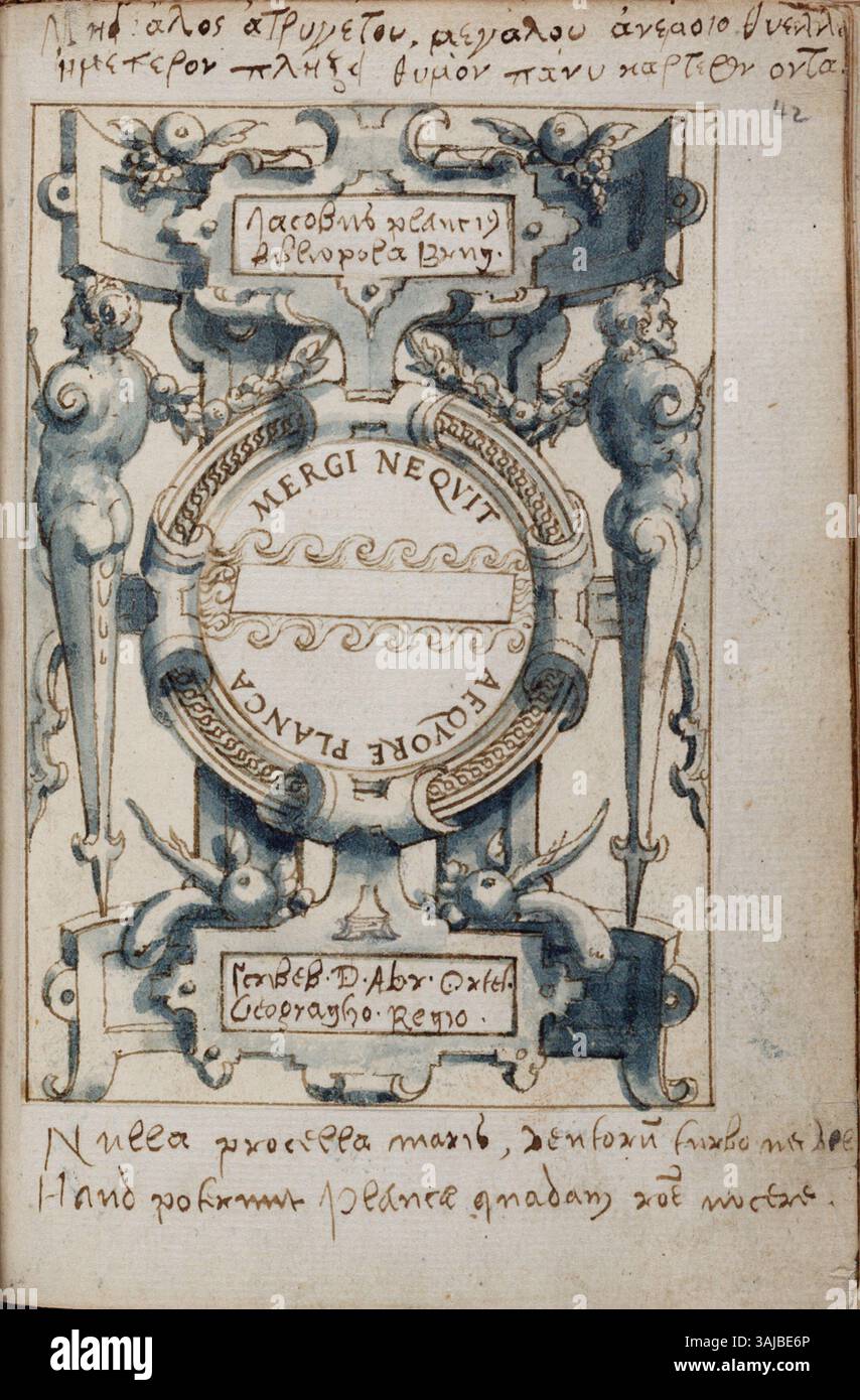 Diese zwischen 1574 und 1591 entstandene Zeichnung von Gerard van Groeningen zeigt eine Kartusche mit Karyatiden. Er wurde in Tinte mit einem Stift auf Papier ausgeführt und zeigt van Groeningens Geschick im architektonischen und ornamentalen Design. Stockfoto