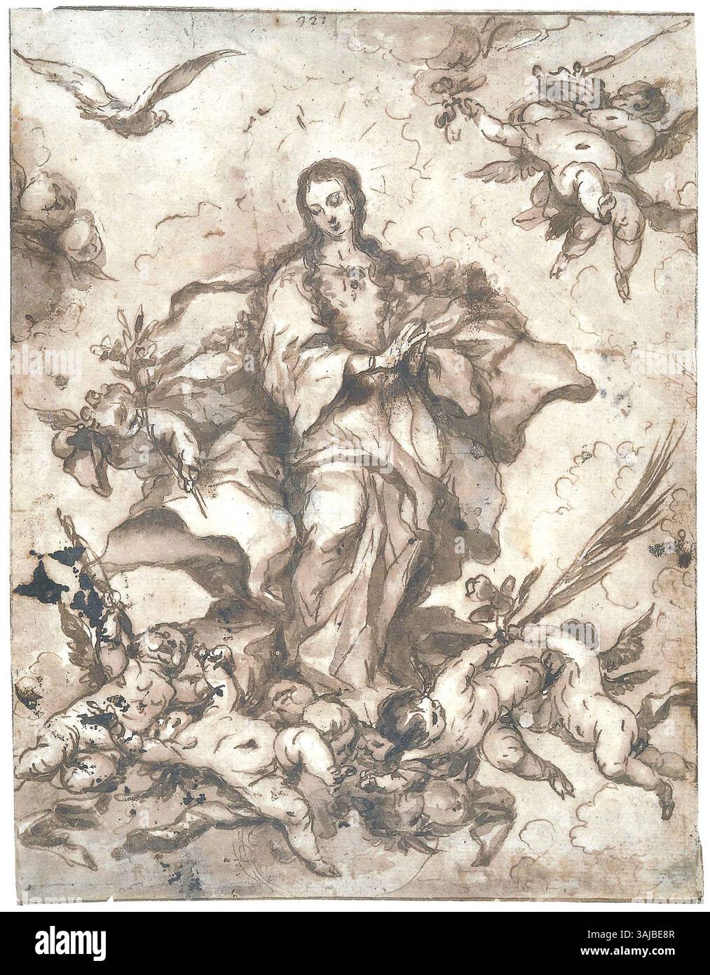 Zeichnung von José Antolínez von der Unbefleckten Empfängnis, entstanden um 1665. Das Bildmaterial verwendet Stift und dunkelbraune Tinte, Pinsel und braune Waschung auf Papier mit Abmessungen von 20,3 x 15,8 cm. Stockfoto