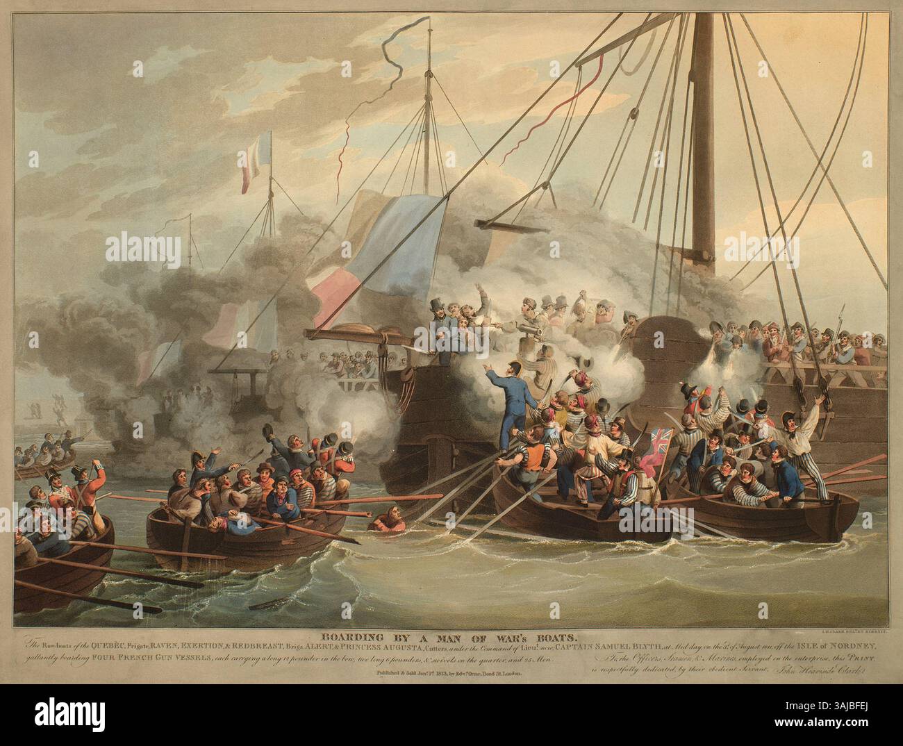 John Heaviside Clarks Gemälde zeigt eine dramatische Seekriegsbegegnung am 3. August 1811 vor der Isle of Norderney während der Napoleonischen Kriege. Es zeigt britische Boote, die französische Schiffe besteigen. Stockfoto