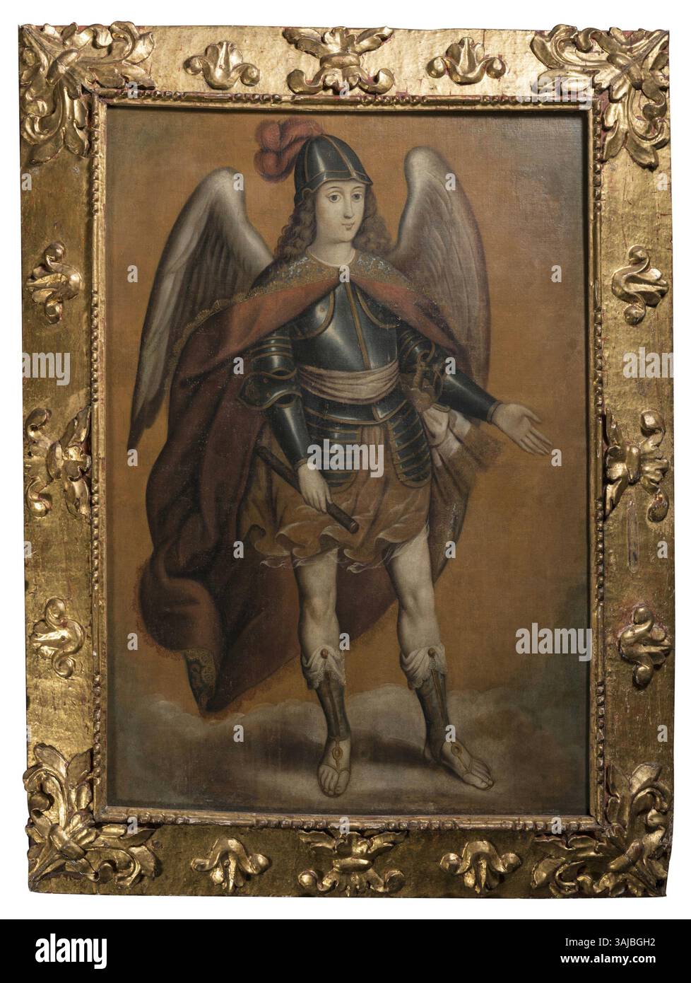 Baltasar Vargas de Figueroa’ Gemälde „der Erzengel Michael“ aus dem Jahr 1660 zeigt den Erzengel als himmlischen Krieger, der Seelen beschützt. Dieses religiöse Kunstwerk fängt die Stärke und den göttlichen Schutz ein, die der Heilige Michael symbolisiert, ein gemeinsames Thema in der barocken religiösen Kunst. Stockfoto