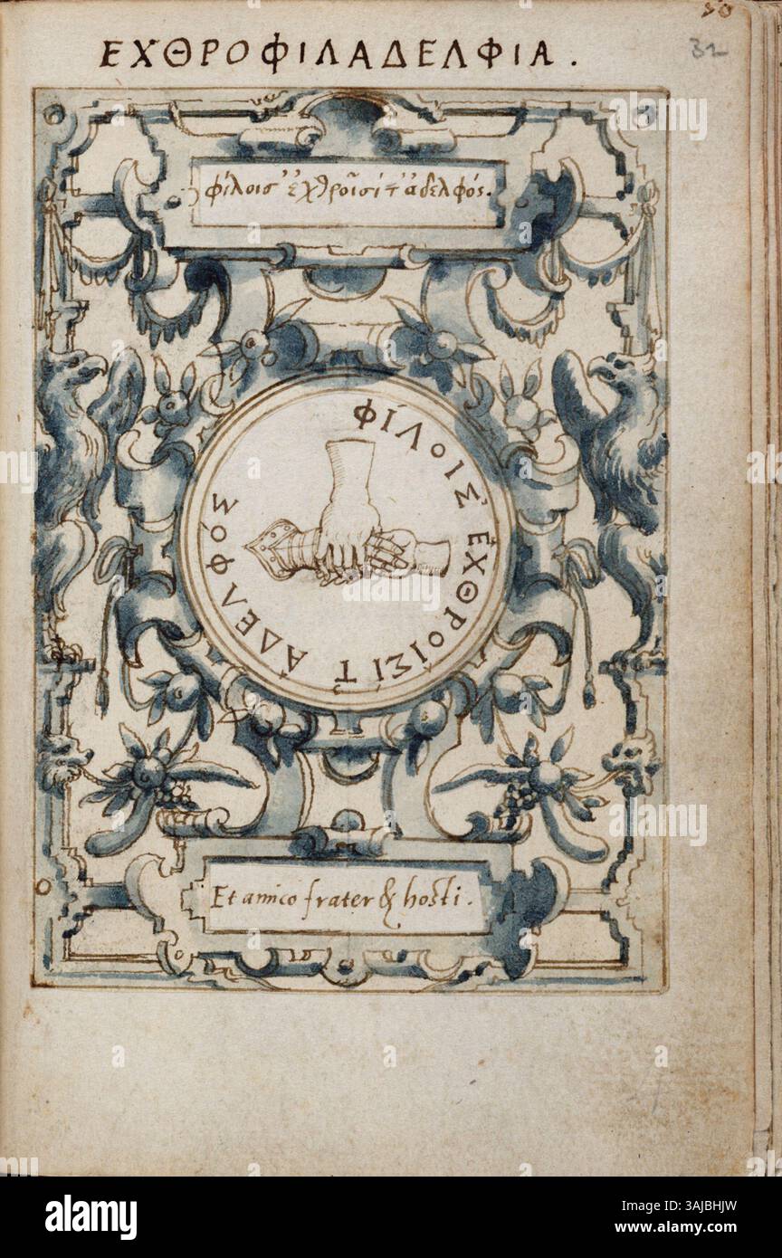 Diese Zierkartusche von Gerard van Groeningen aus den Jahren 1574–1591 zeigt ein markantes Design mit drei Händen. Das mit Tinte auf Papier ausgeführte Stück ist ein schönes Beispiel für dekorative Kunst des 16. Jahrhunderts. Es ist in der Cambridge University Library aufbewahrt und zeigt die Liebe des Künstlers zum Detail in ornamentalen Zeichnungen. Stockfoto