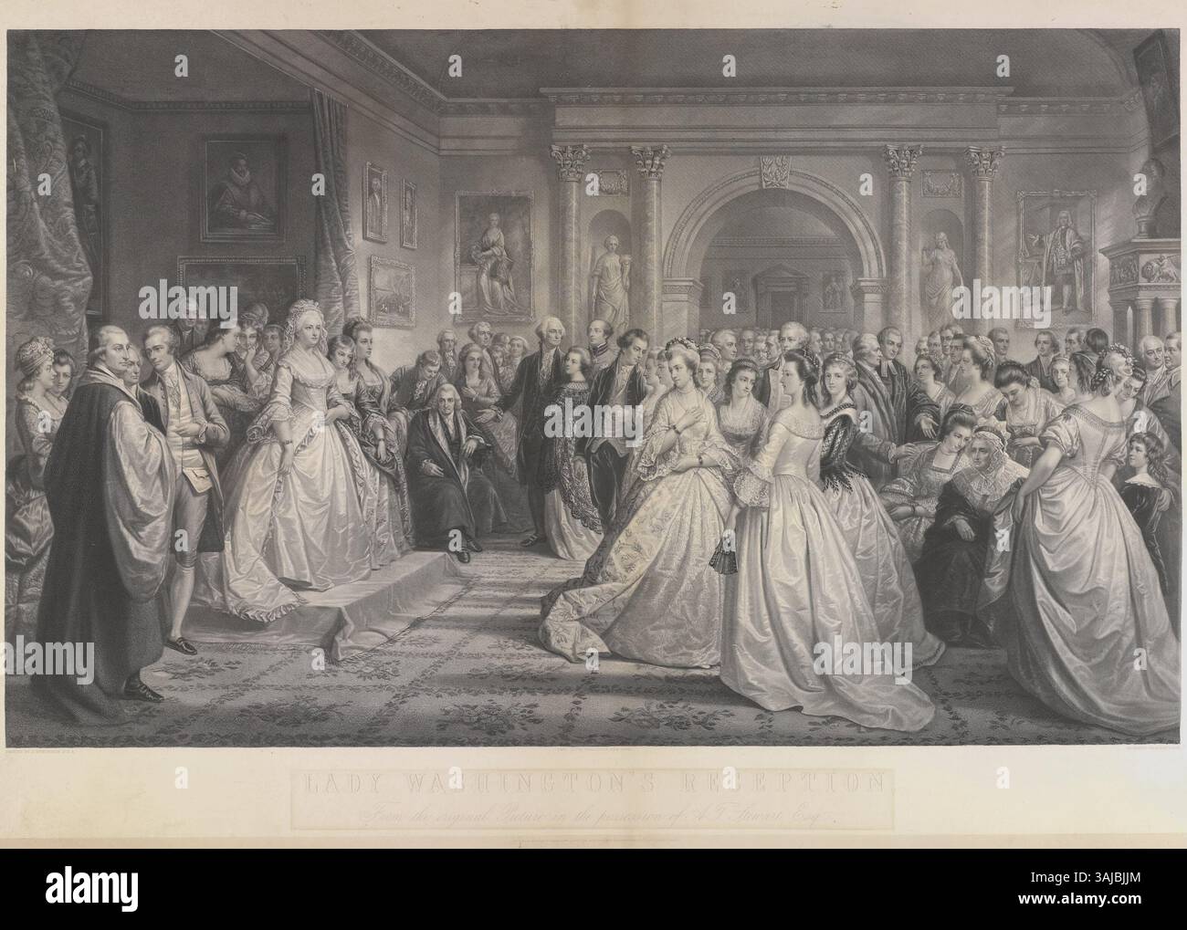 Dieser Stich von Alexander Hay Ritchie aus dem Jahr 1867 zeigt den „Republikanischen Hof“ von Daniel Huntington, der Lady Washingtons Empfangstag zeigt. Der Ausdruck fängt einen wichtigen Moment in der amerikanischen Geschichte ein. Stockfoto