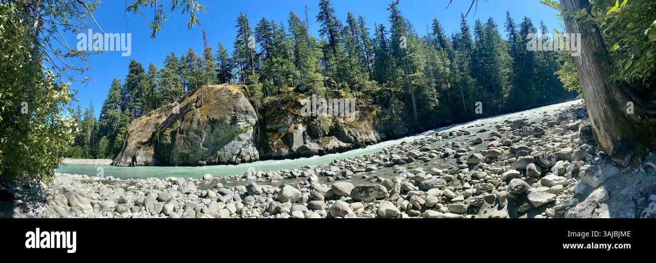 Weiter Blick auf das Rocky Riverbank und die bewaldete Klippe - Smartphone-aufgenommenes Stockfoto