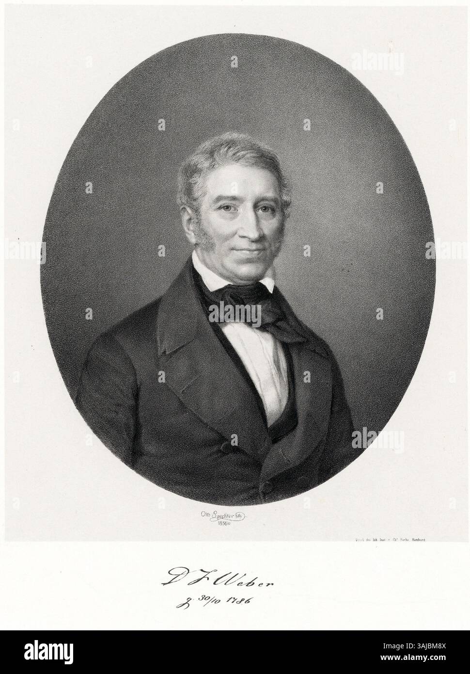 Porträt von D.J. Weber, erstellt von Otto Speckter 1856. Diese Lithografie zeigt Weber in formeller Kleidung, repräsentativ für die Porträtmalerei des 19. Jahrhunderts. Stockfoto