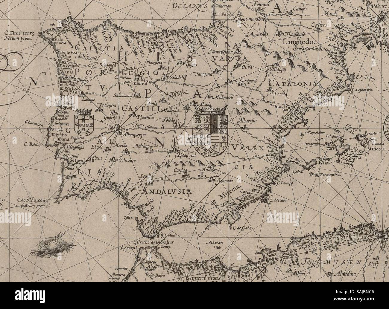Diese 1594 von Petrus Plancius und Willem Barents erstellte Seekarte mit dem Titel „Thalassographica Tabula“ zeigt das Mittelmeer und die Iberische Halbinsel. Es ist ein wichtiges Beispiel für die frühmoderne Kartographie. Stockfoto