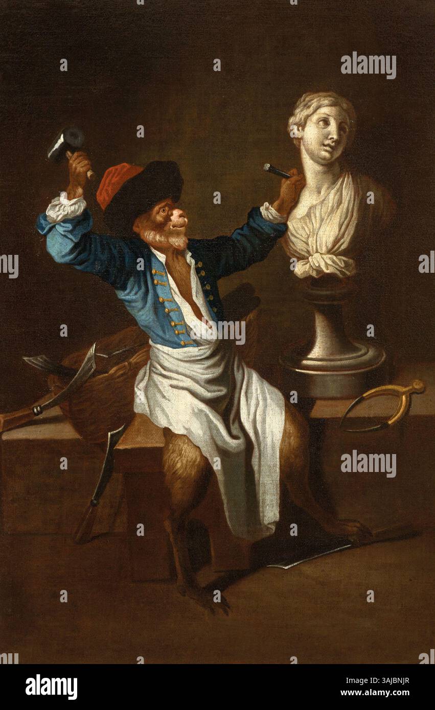 „Ein Affe als Bildhauer“ ist ein Ölgemälde nach Jean-Antoine Watteau aus dem 18. Jahrhundert, das einen Affen darstellt, der in der Bildhauerei tätig ist. Dieses Werk ist eine spielerische Interpretation menschlicher Aktivitäten, charakteristisch für die französische Rokoko-Kunst aus dieser Zeit. Stockfoto