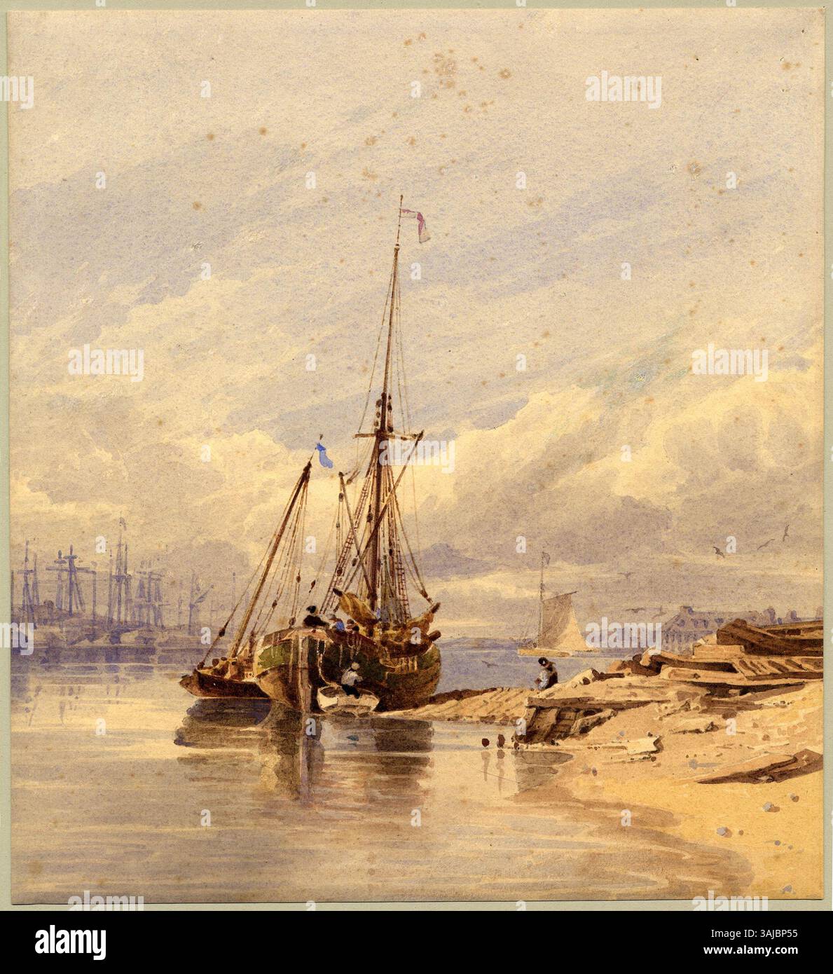 John Thirtles Aquarellbild des Flusses Yare in Gorleston zeigt die Schifffahrtsszene auf dieser britischen Wasserstraße. Das Stück ist bekannt für seine feinen Details und die Verwendung von Stift und brauner Tinte, typisch für die englische Seefahrtskunst des frühen 19. Jahrhunderts. Stockfoto