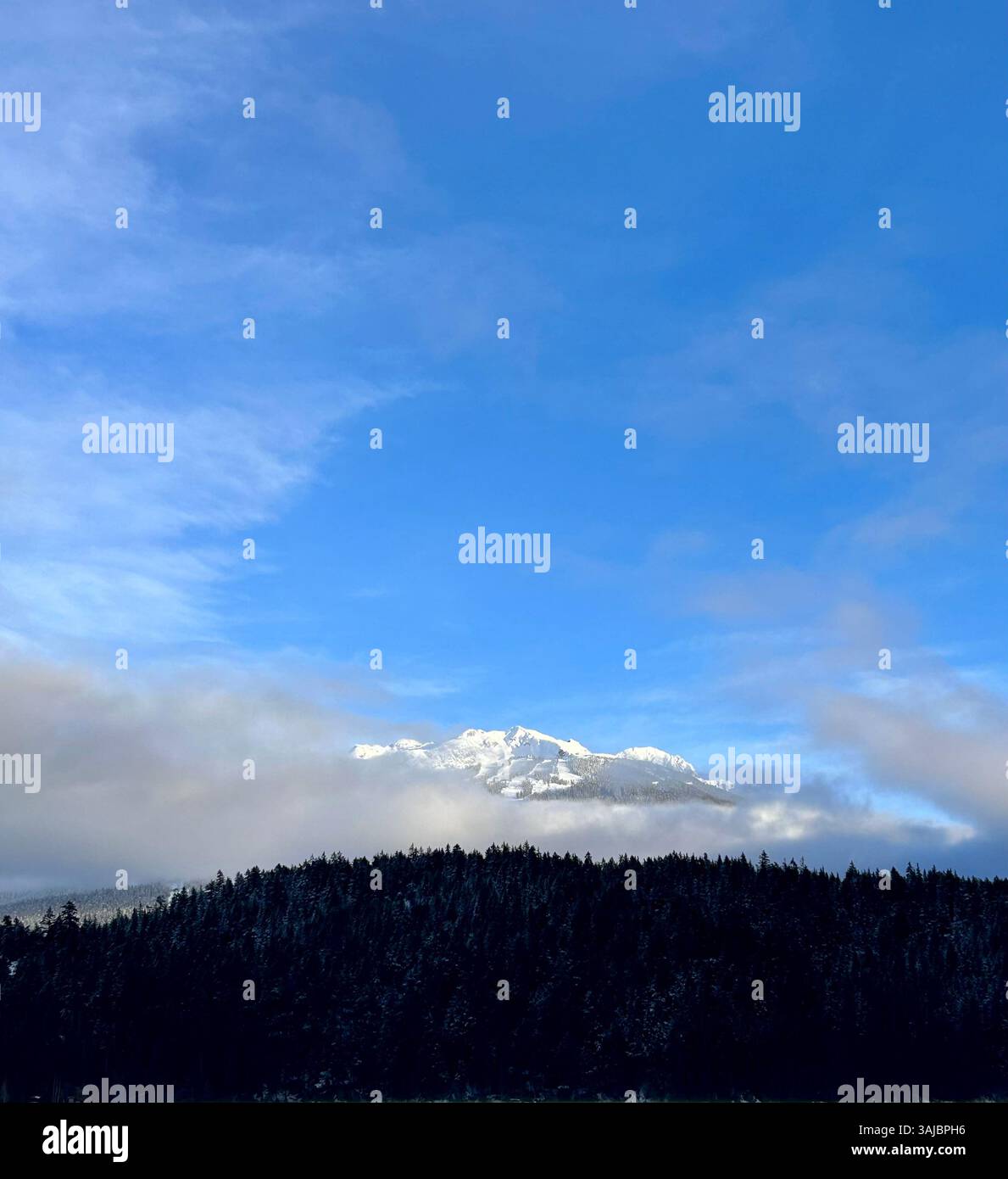 Schneebedeckter Gipfel, der aus den Wolken auftaucht - Smartphone-aufgenommenes Stockfoto