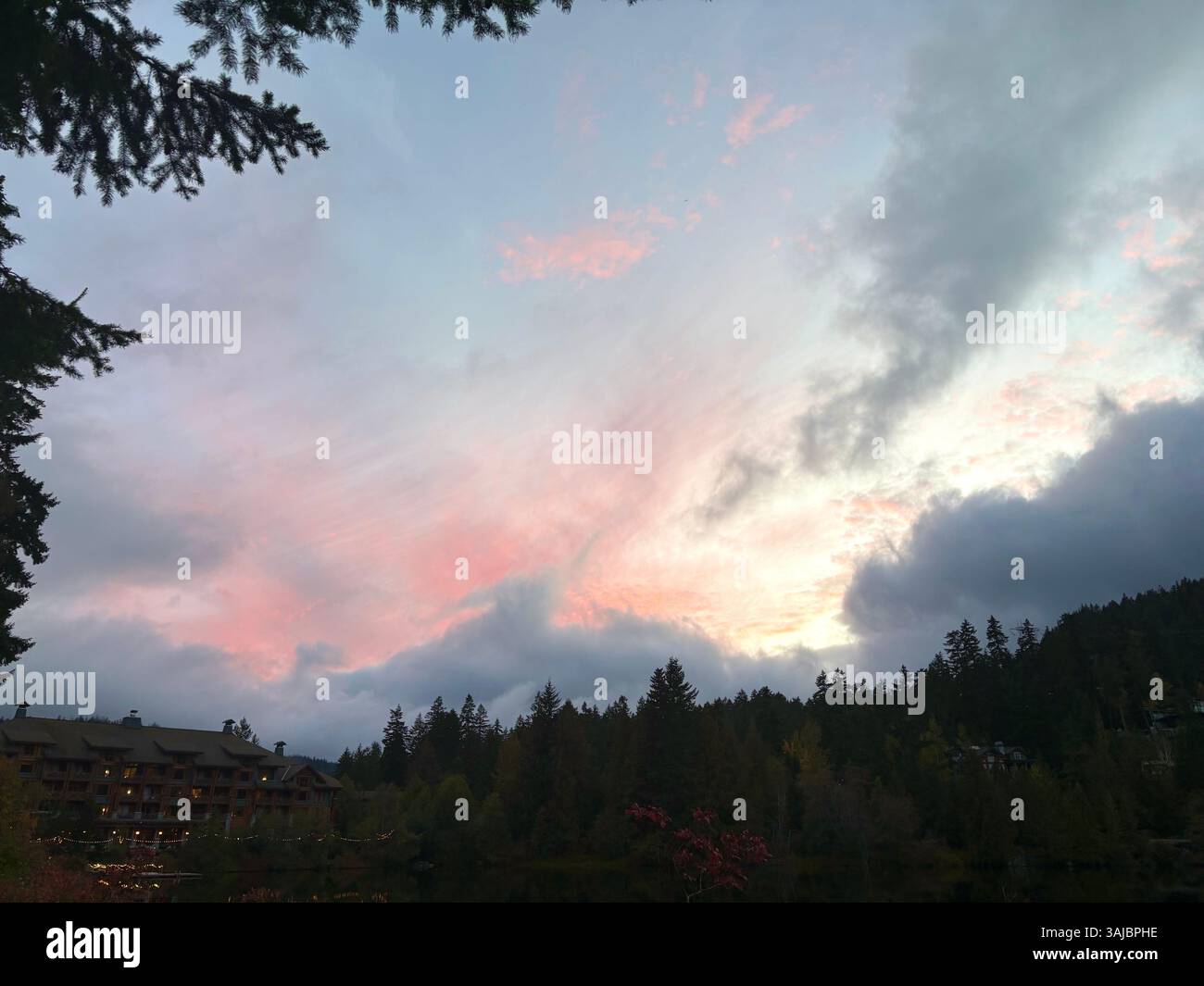 Pink Sunset Wolken Über Forest Lodge - Smartphone-aufgenommenes Stockfoto
