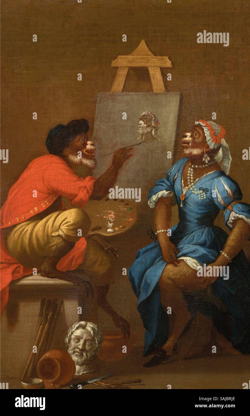 „Ein Affe als Maler“ ist ein Ölgemälde aus dem 18. Jahrhundert im Stil von Jean-Antoine Watteau. Es zeigt auf humorvolle Weise ein Affengemälde und verleiht dem Kunstwerk einen verspielten, anthropomorphen Touch. Stockfoto