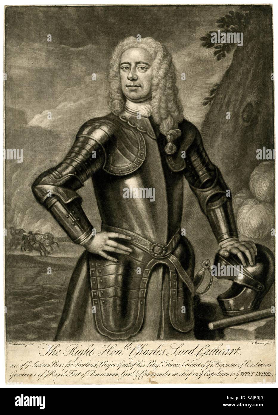 Porträt von General Charles Cathcart, 8. Baron Cathcart, aus den 1730er Jahren Das Bild zeigt ihn in Rüstung, mit einer langen Perücke, stehend mit einer Hand auf der Hüfte und der anderen auf einem Helm. Hintergrund: Kämpfende Reiter. Der Mezzotint ist von W. Aikman und V.. Werdlen, und es wurde geändert, um Wentworth zu repräsentieren. Stockfoto