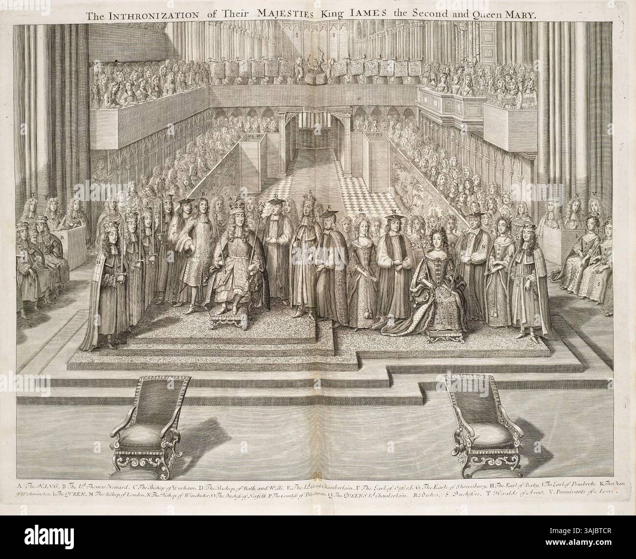 Die Krönung von Jakob II. Und Maria von Modena in London am 23. April 1685, wie in Francis Sandfords historischer Illustration dargestellt, die das königliche Ereignis des späten 17. Jahrhunderts dokumentiert. Stockfoto