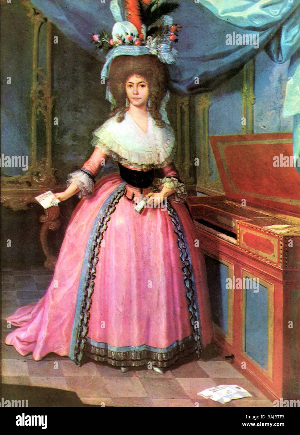 Dieses Porträt von José Campeche aus dem Jahr 1792 zeigt Doña Maria Dolores Martinez de Carvajal, die Frau von Kapitän Ramon de Carvajal. Das Gemälde, das in Öl auf Tafel ausgeführt wurde, zeigt ihre aristokratische Kleidung und ihre elegante Präsenz und bietet einen Einblick in die kulturellen und sozialen Normen des späten 18. Jahrhunderts Puerto Rico. Stockfoto